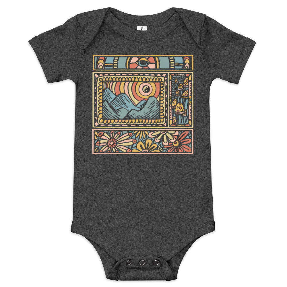 Baby Trippy Nature Cool Extra Soft One Piece | Retro Artsy Mountains Romper | Solid Threads