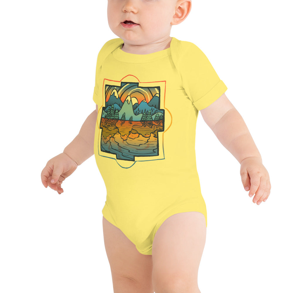 Baby Reflections Cool Extra Soft One Piece | Retro Artsy Landscape Romper On Model | Solid Threads