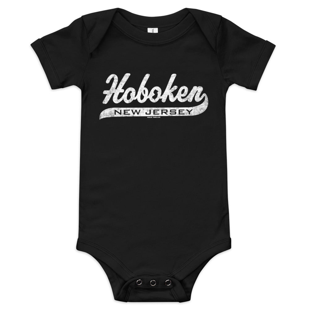Baby Hoboken NJ Script Cool Extra Soft One Piece | Retro Academia Romper | Solid Threads