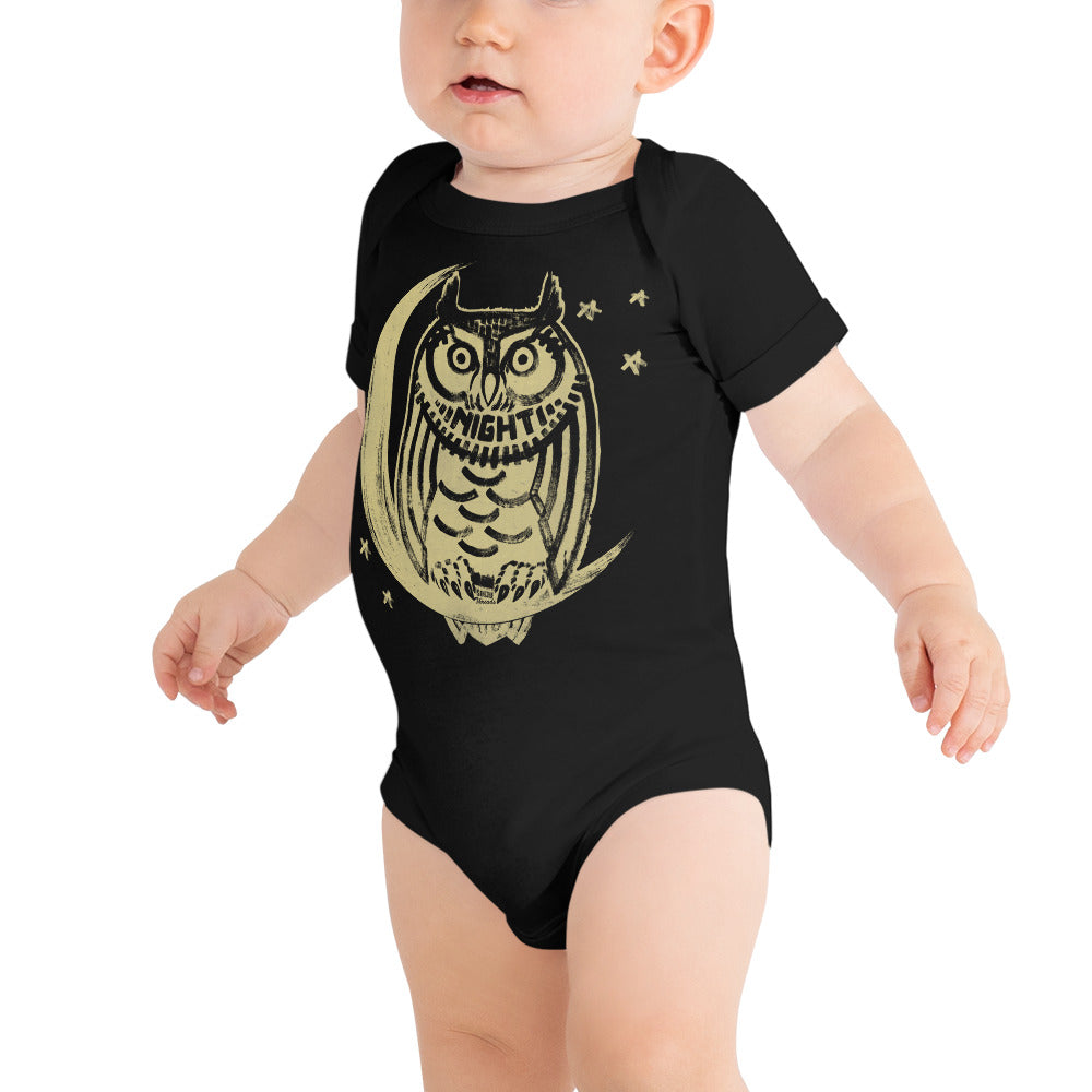 Baby Night Owl Cool Animal Extra Soft One Piece | Retro Cute Sleepy Romper On Model | Solid Threads