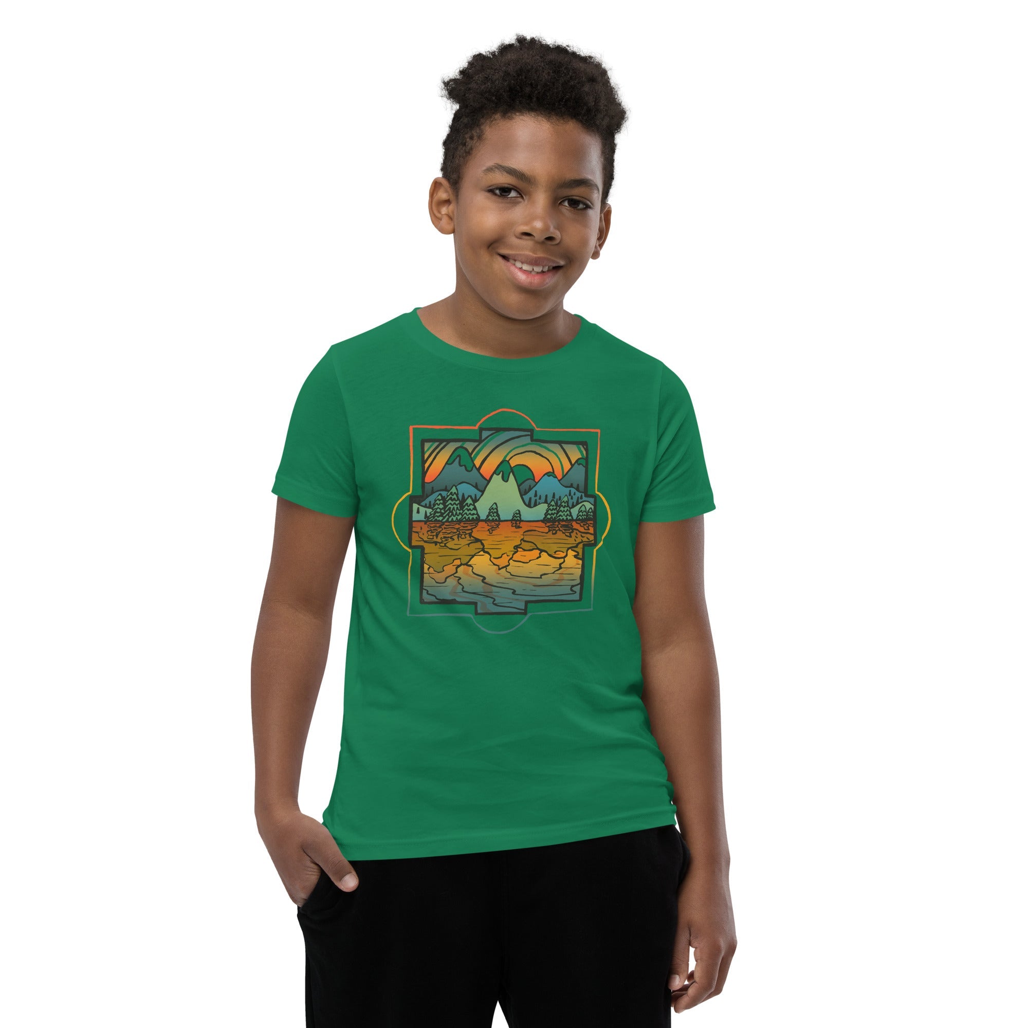 Youth Reflections Cool Artsy Extra Soft T-Shirt | Retro Landscape Kids Tee | Solid Threads