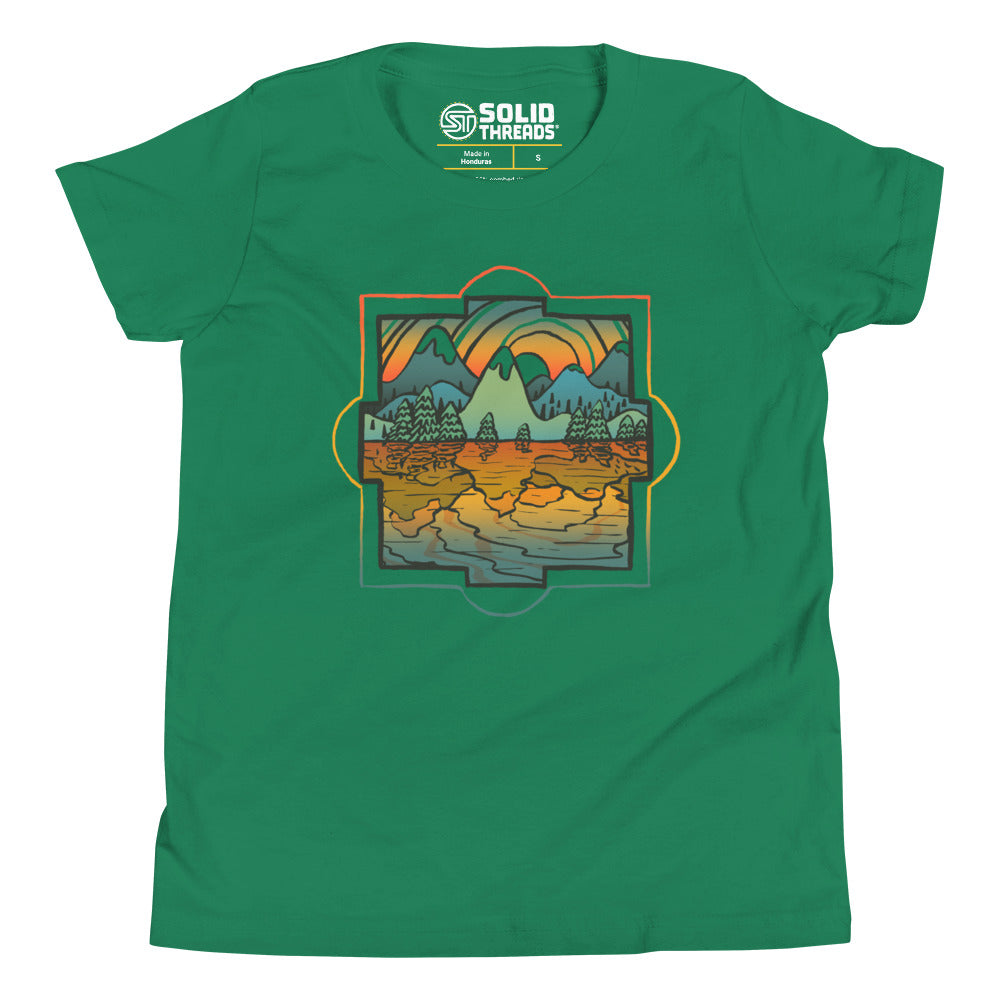 Youth Reflections Cool Artsy Extra Soft T-Shirt | Retro Landscape Kids Tee | Solid Threads