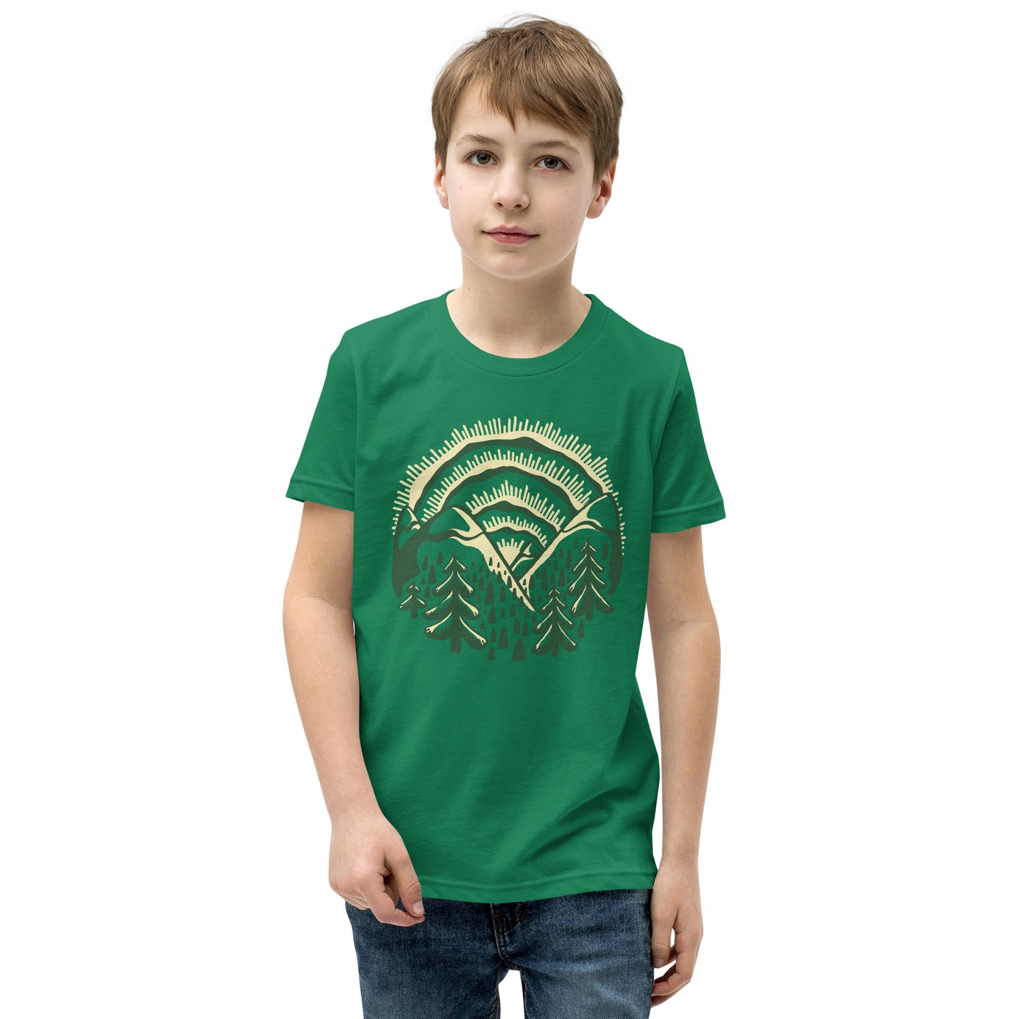 Youth Sunset Retro Nature Extra Soft T-Shirt | Cool Artsy Mountain Kids Tee Boy Model | Solid Threads