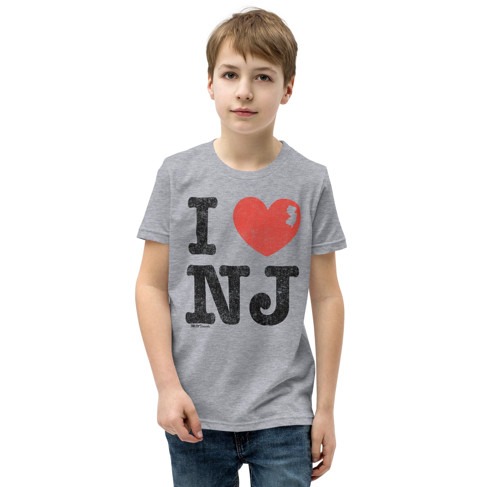 Youth I Heart NJ Retro Extra Soft T-Shirt | Retro New Jersey Pride Kids Tee Boy Model | Solid Threads