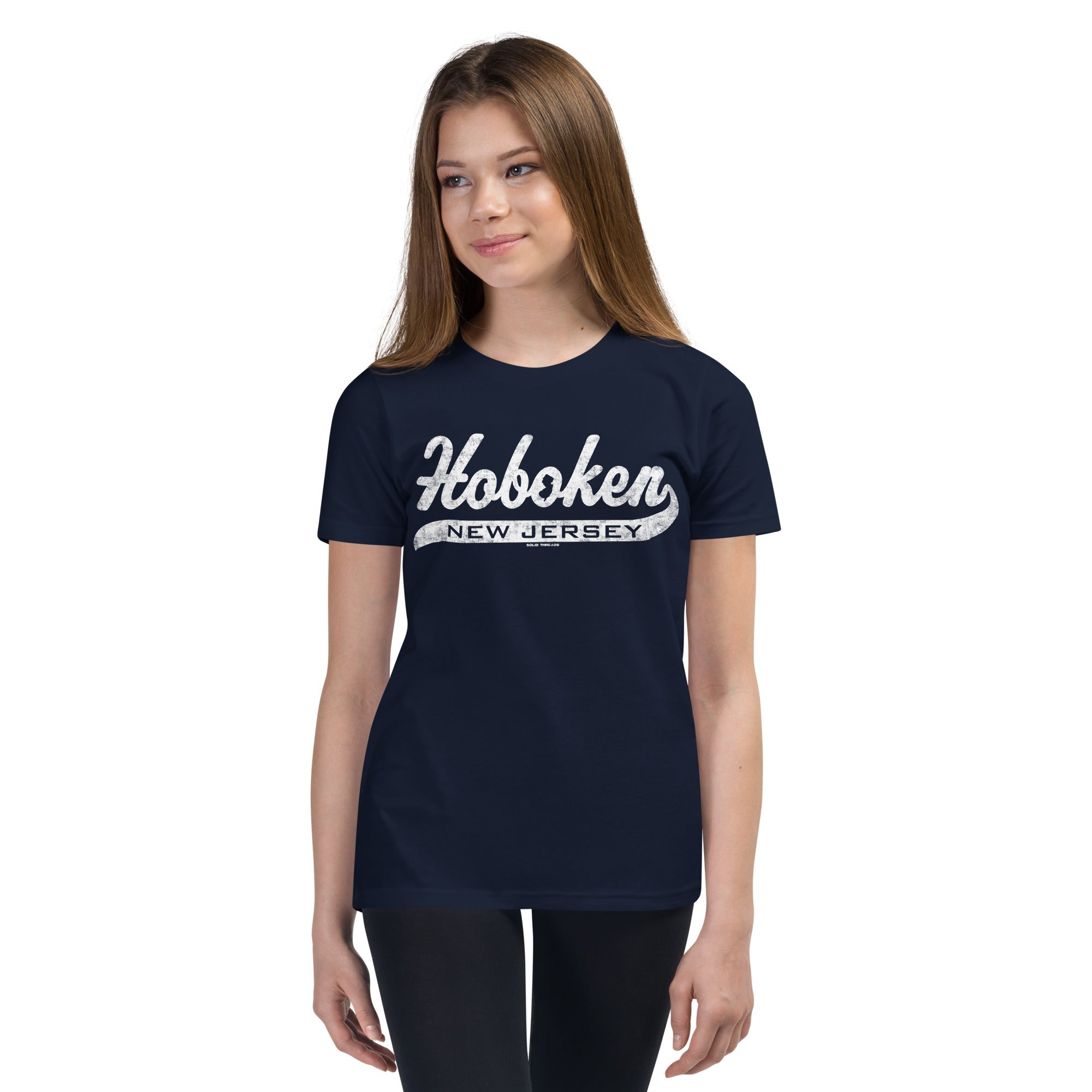 Youth Hoboken Script Cool Extra Soft T-Shirt | Retro New Jersey Kids Tee Girl Model | Solid Threads