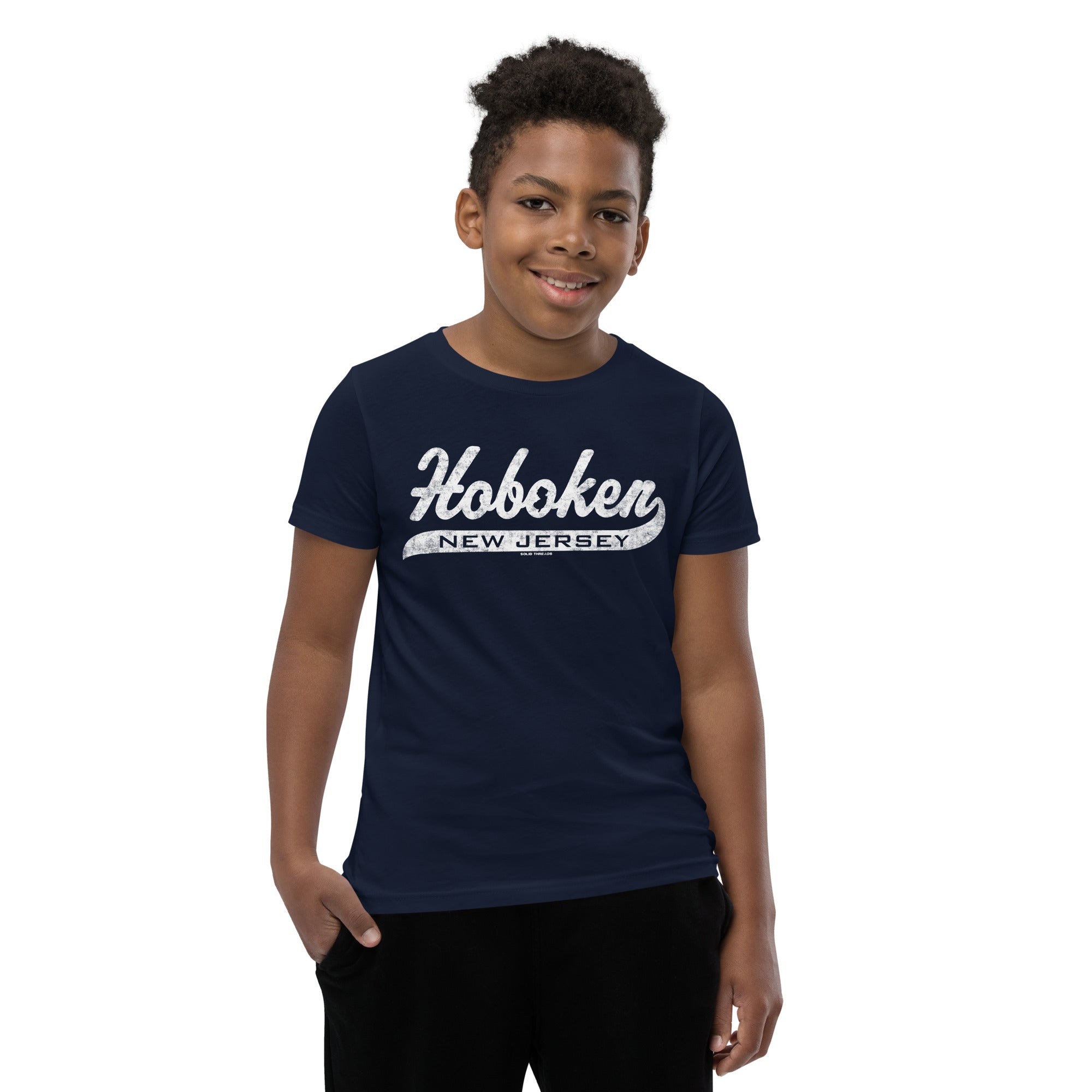Youth Hoboken Script Cool Extra Soft T-Shirt | Retro New Jersey Kids Tee Boy Model | Solid Threads