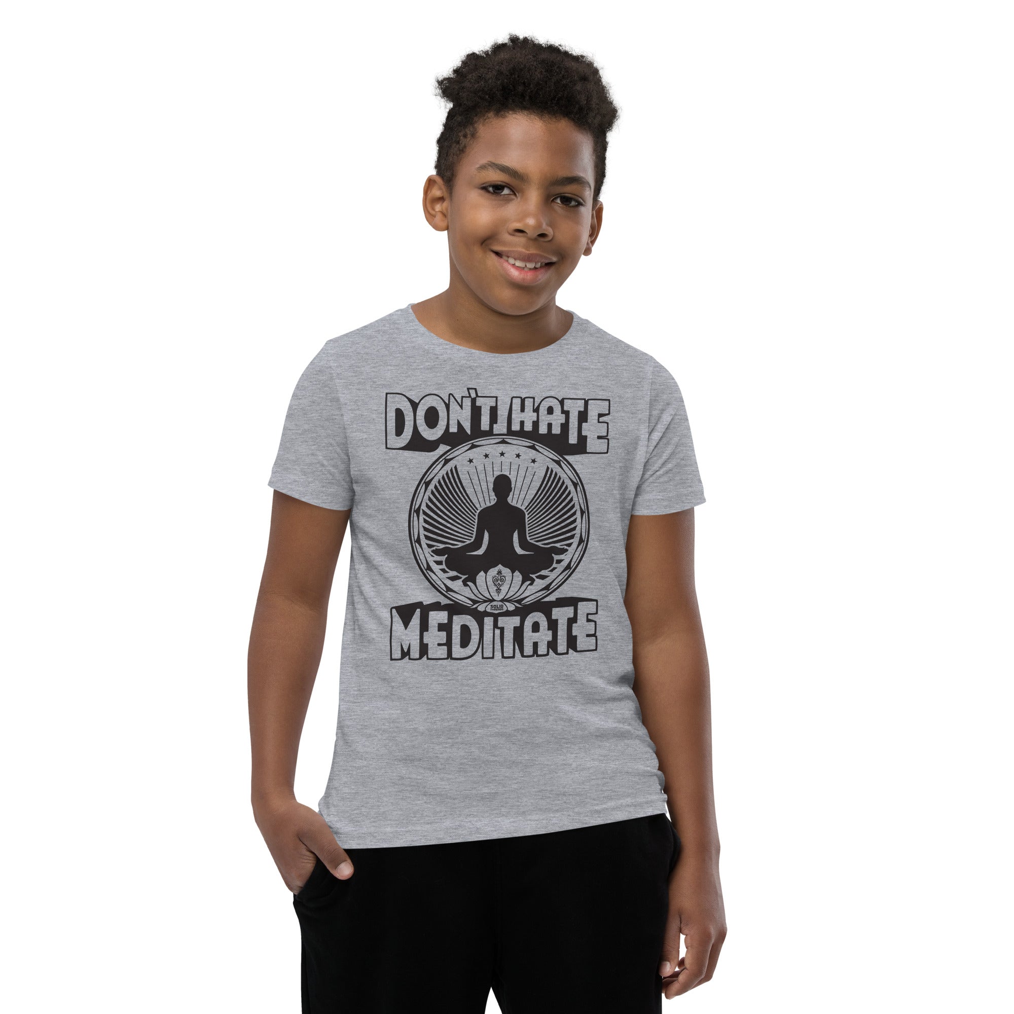 Youth Don't Hate Meditate Cool Extra Soft T-Shirt | Retro Mindful Kids Tee Boy Model | Solid Threads