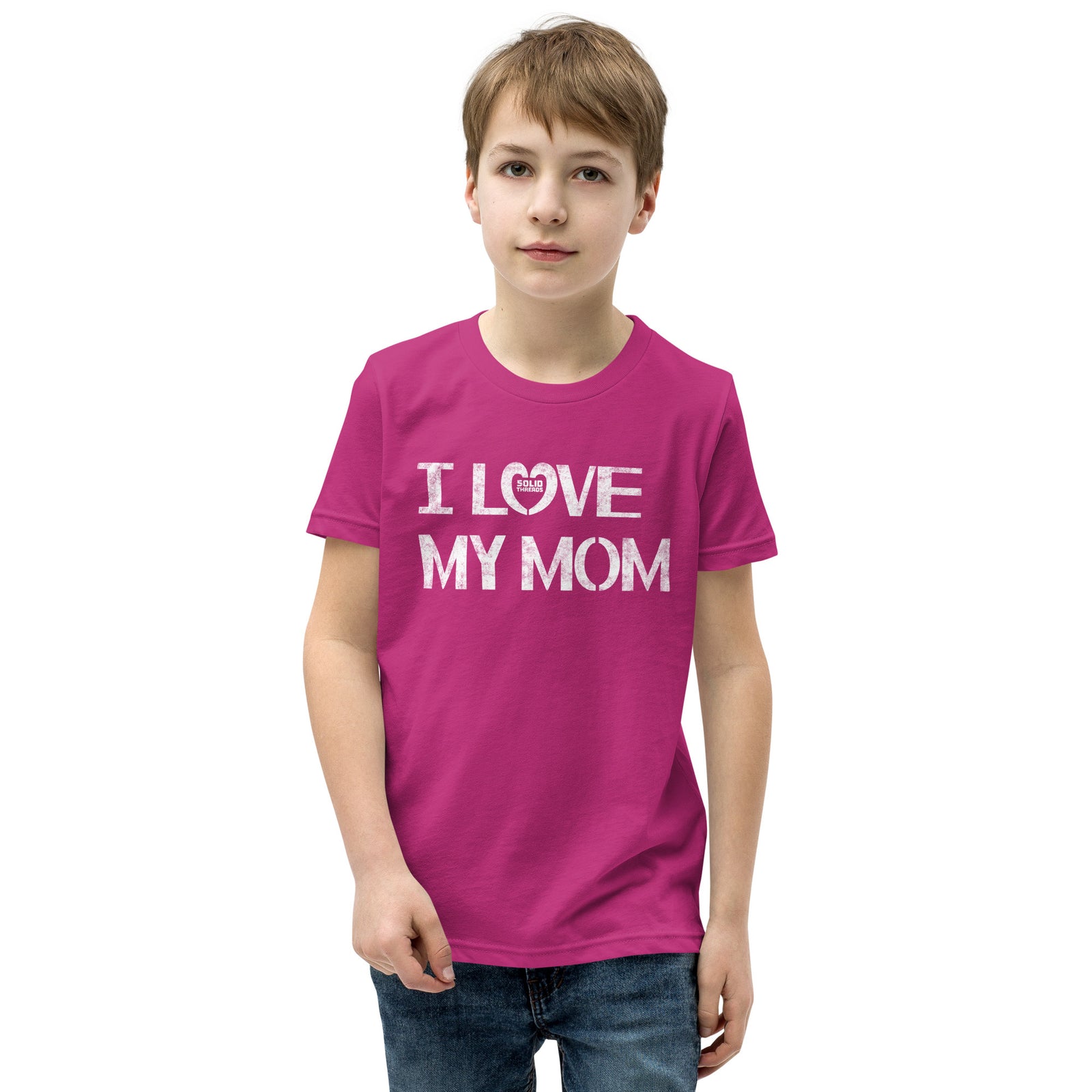 Youth I Love My Mom Cute Extra Soft T-Shirt | Retro New Parent Kids Tee Boy Model | Solid Threads