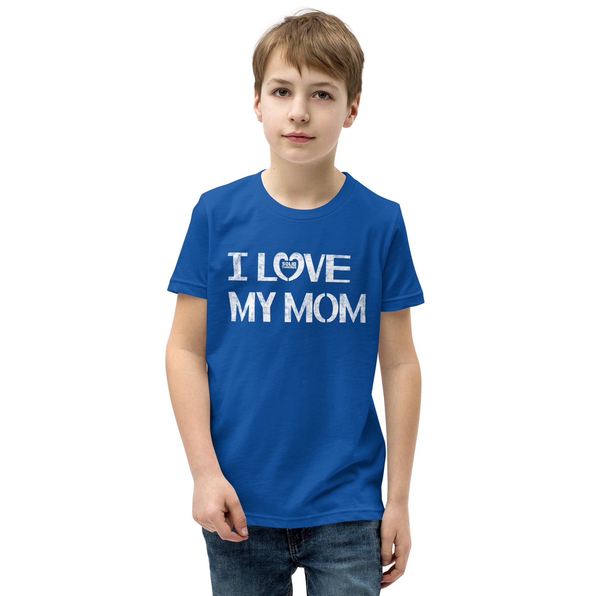 Youth I Love My Mom Cute Extra Soft T-Shirt | Retro New Parent Kids Tee Boy Model | Solid Threads