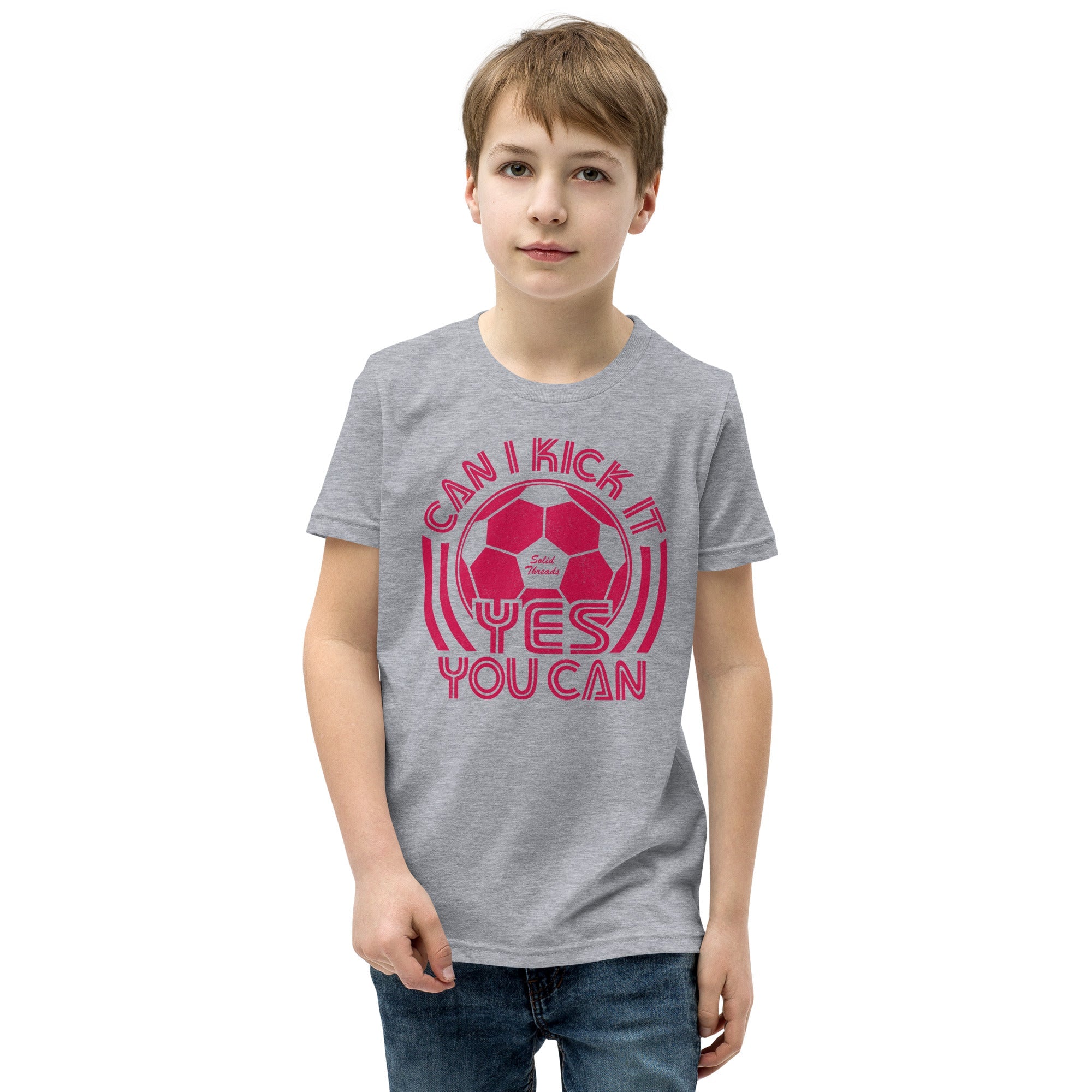 Youth Can I Kick It Retro Music Extra Soft T-Shirt | Funny Soccer Kids Tee Boy Model | Solid Threads