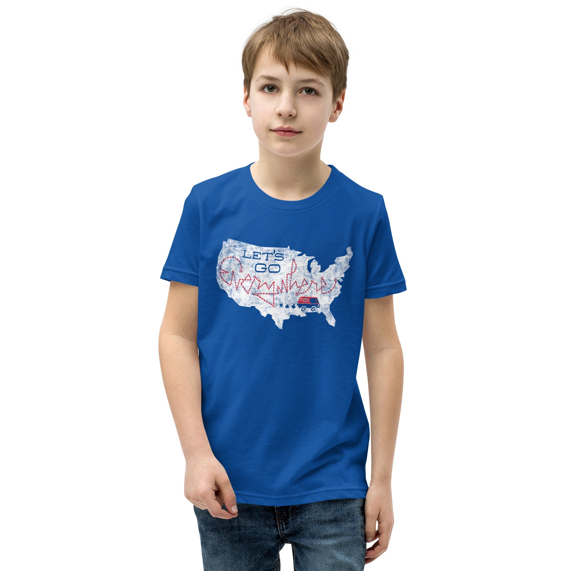 Youth Lets Go Everywhere Cool Extra Soft T-Shirt | Retro Road Trip Kids Tee Boy Model | Solid Threads