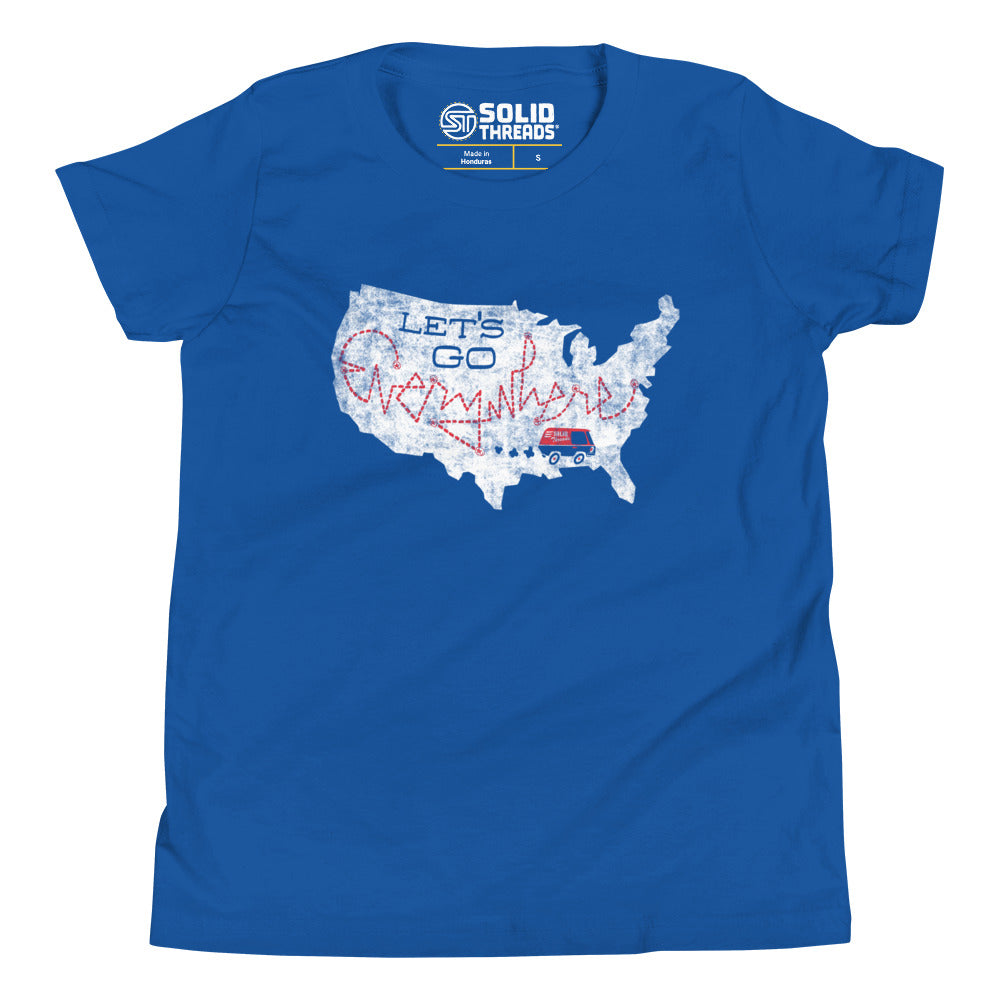 Youth Lets Go Everywhere Cool Extra Soft T-Shirt | Retro Road Trip Kids Tee | Solid Threads