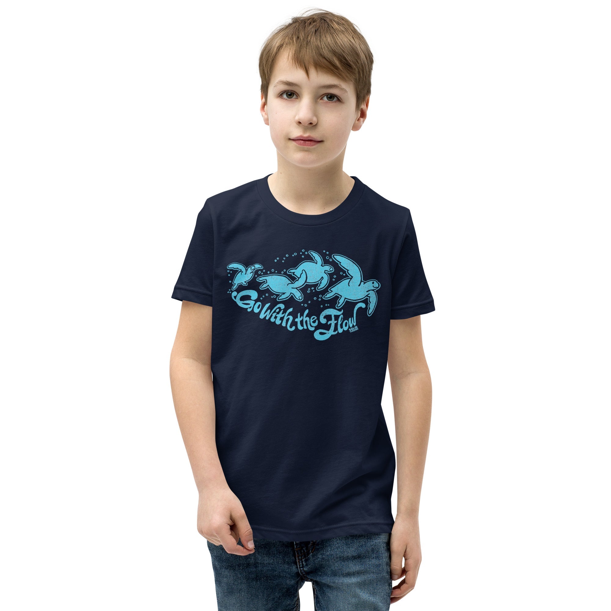 Youth Go With The Flow Retro Extra Soft T-Shirt | Cool Sea Turtle Kids Tee Boy Model | Solid Threads