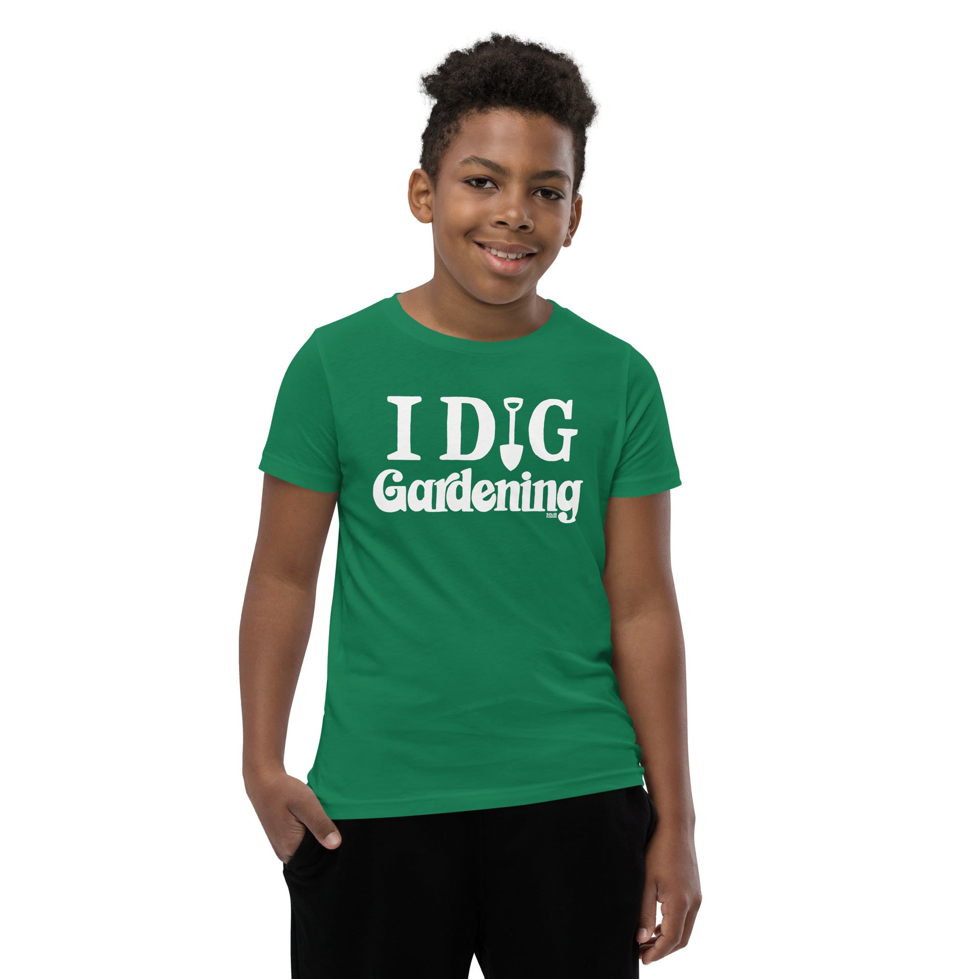Youth I Dig Gardening Retro Cute Extra Soft T-Shirt | Funny Nature Kids Tee Boy Model | Solid Threads