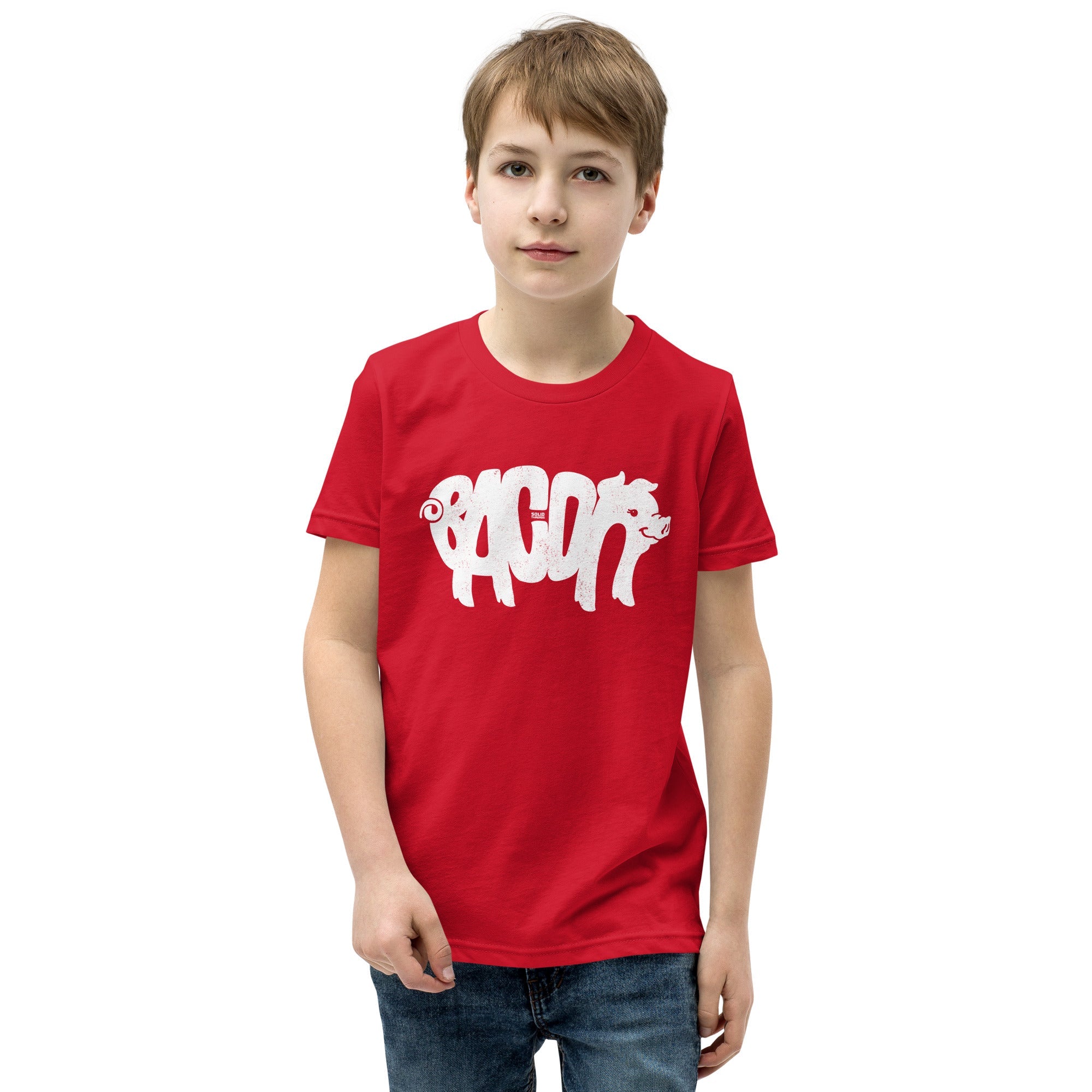 Youth Bacon Piggy Retro Animal Extra Soft T-Shirt | Funny Foodie Kids Tee Boy Model | Solid Threads