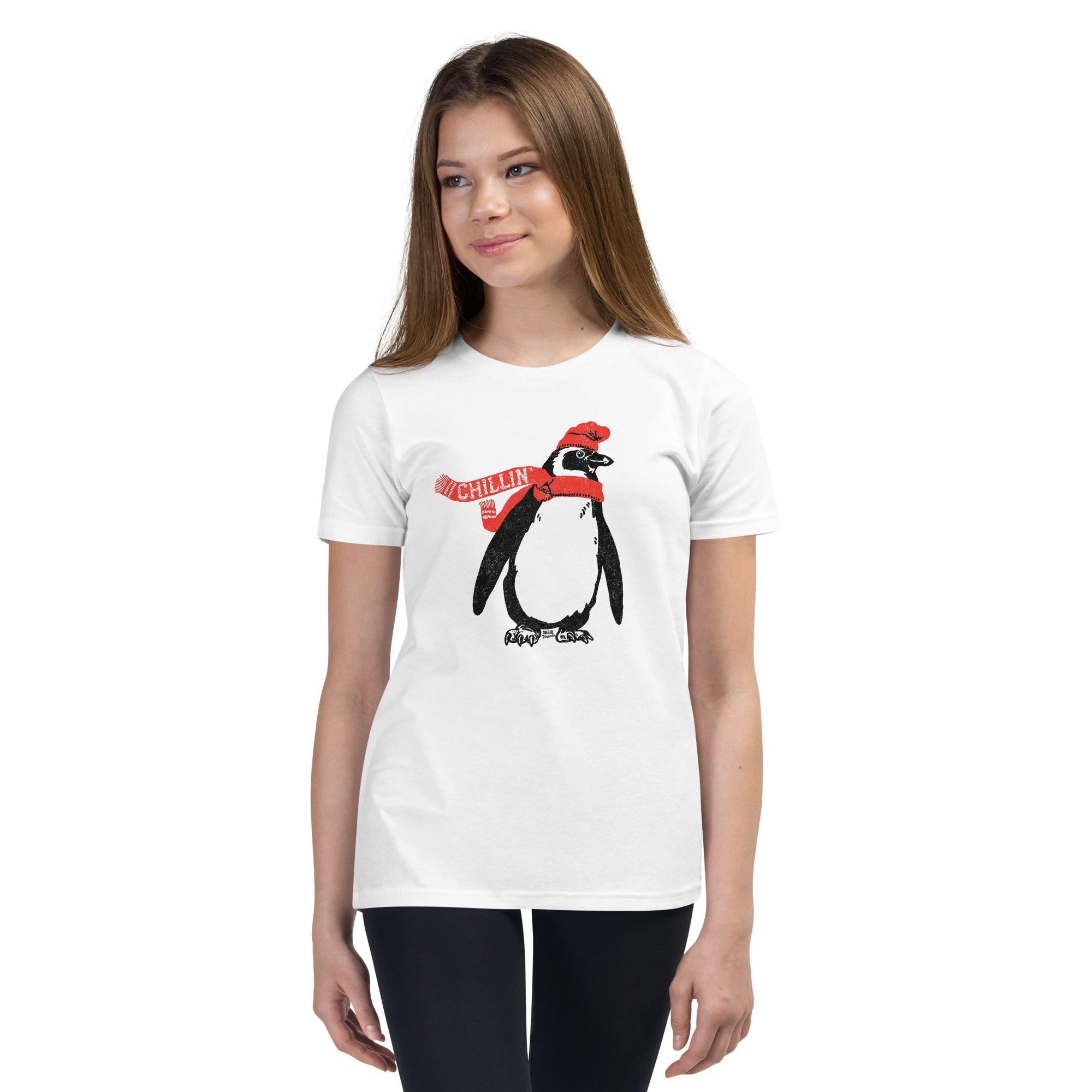 Youth Chillin Cool Animal Extra Soft T-Shirt | Retro Cute Penguin Kids Tee Girl Model | Solid Threads