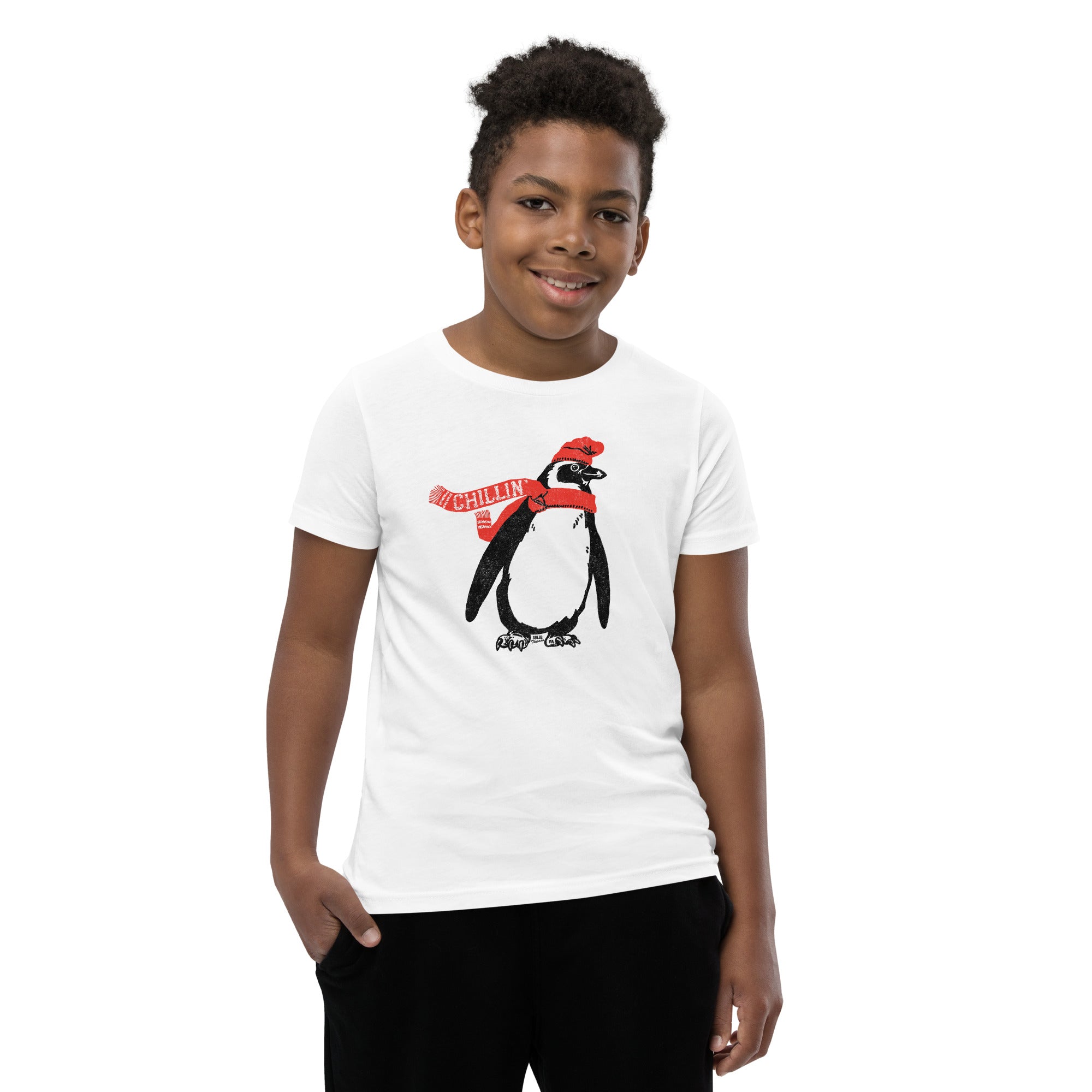 Youth Chillin Cool Animal Extra Soft T-Shirt | Retro Cute Penguin Kids Tee Boy Model | Solid Threads