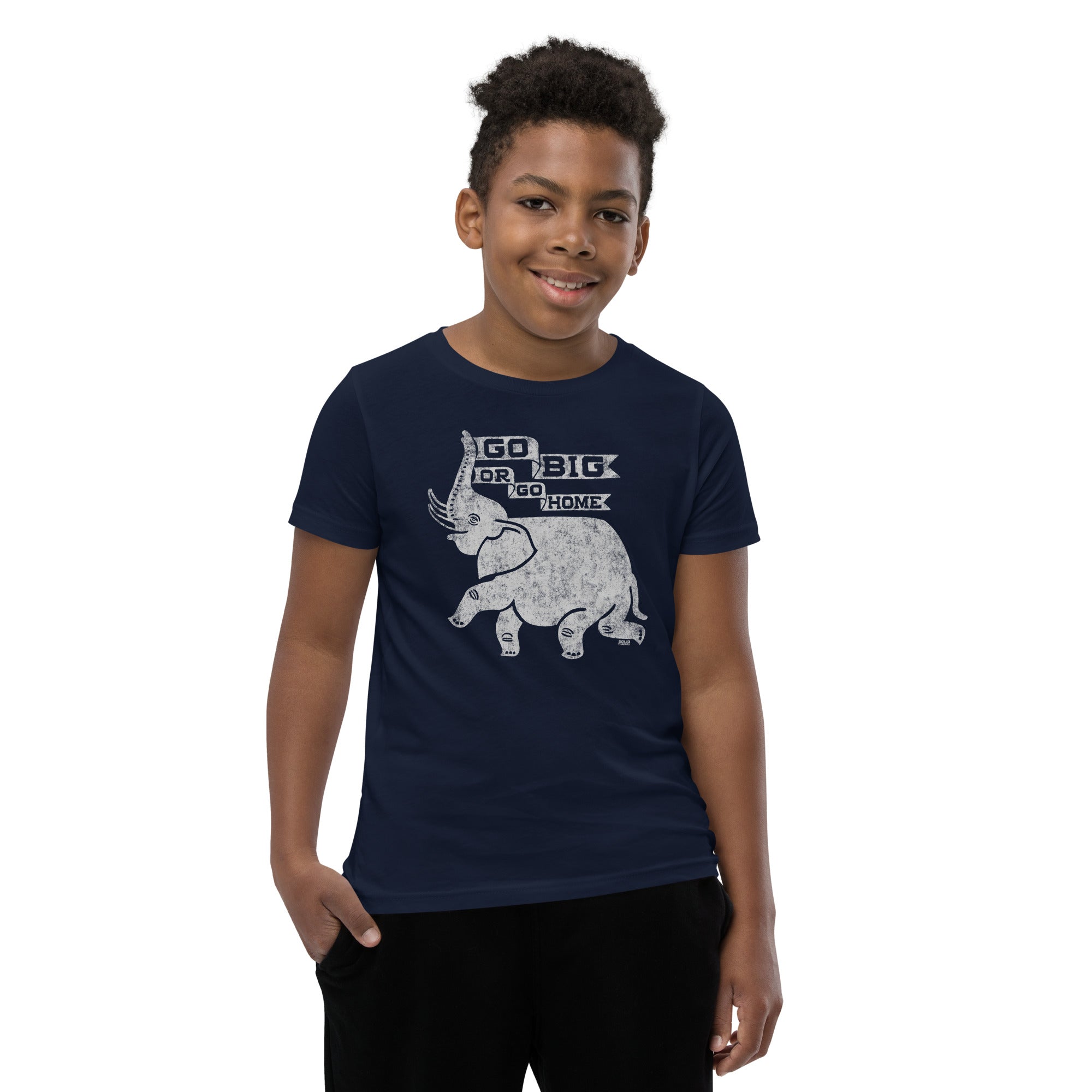 Youth Go Big Or Go Home Retro Extra Soft T-Shirt | Funny Elephant Kids Tee Boy Model | Solid Threads