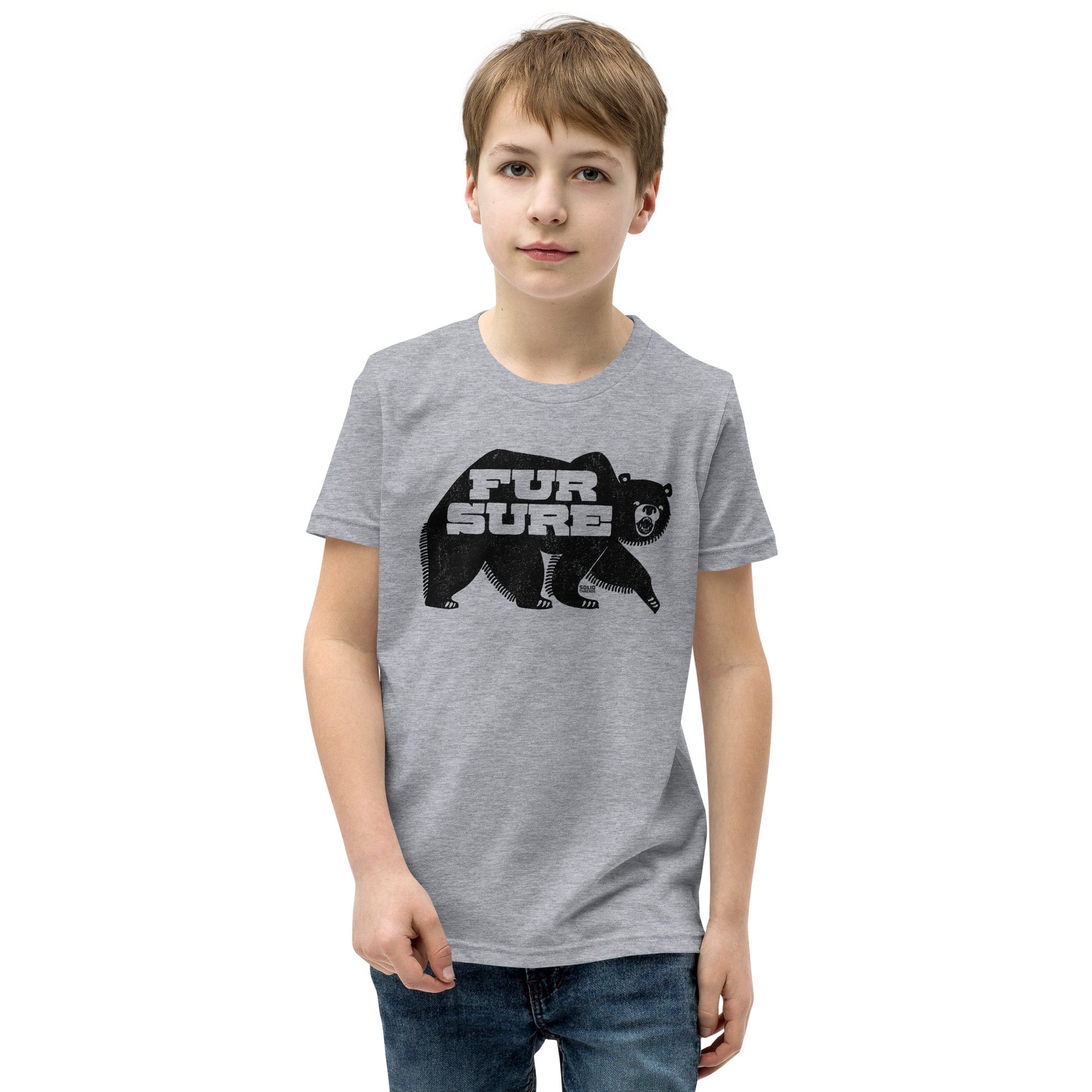 Youth Fur Sure Retro Bear Extra Soft T-Shirt | Funny Animal Pun Kids Tee Boy Model | Solid Threads