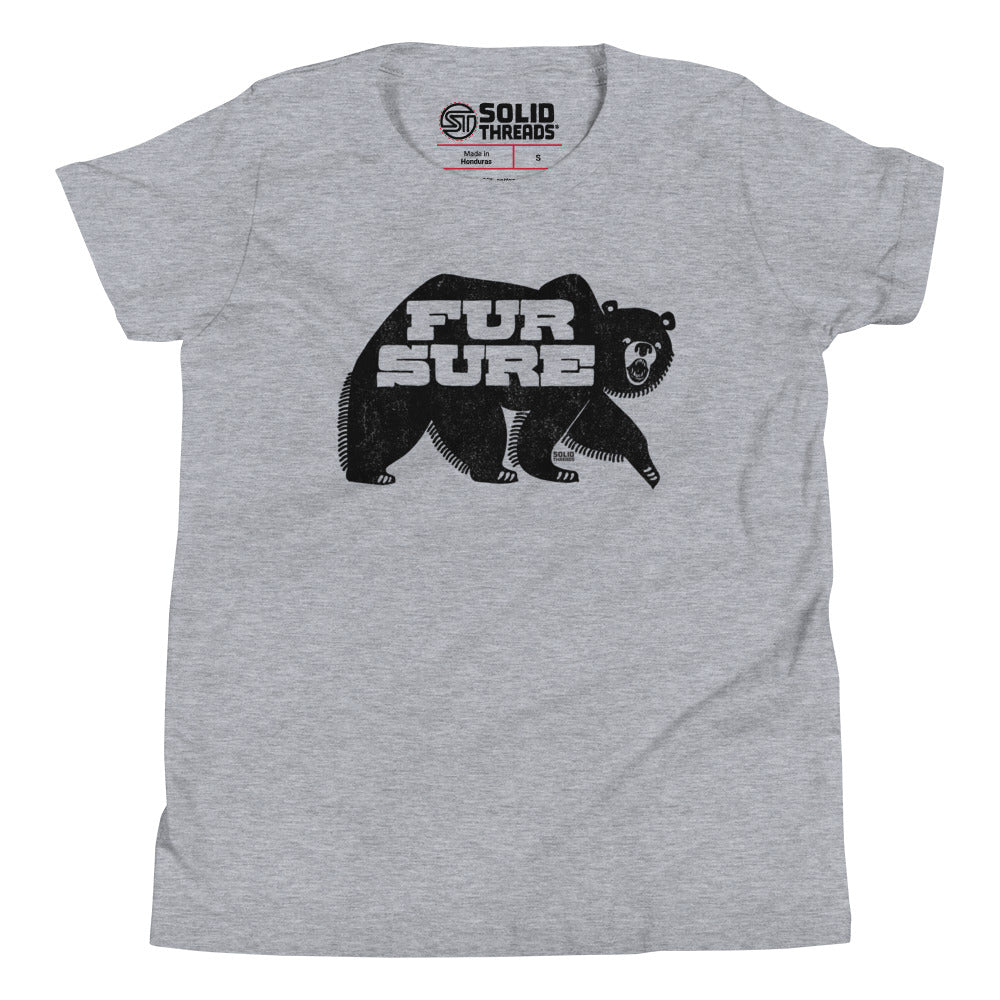 Youth Fur Sure Retro Bear Extra Soft T-Shirt | Funny Animal Pun Kids Tee | Solid Threads