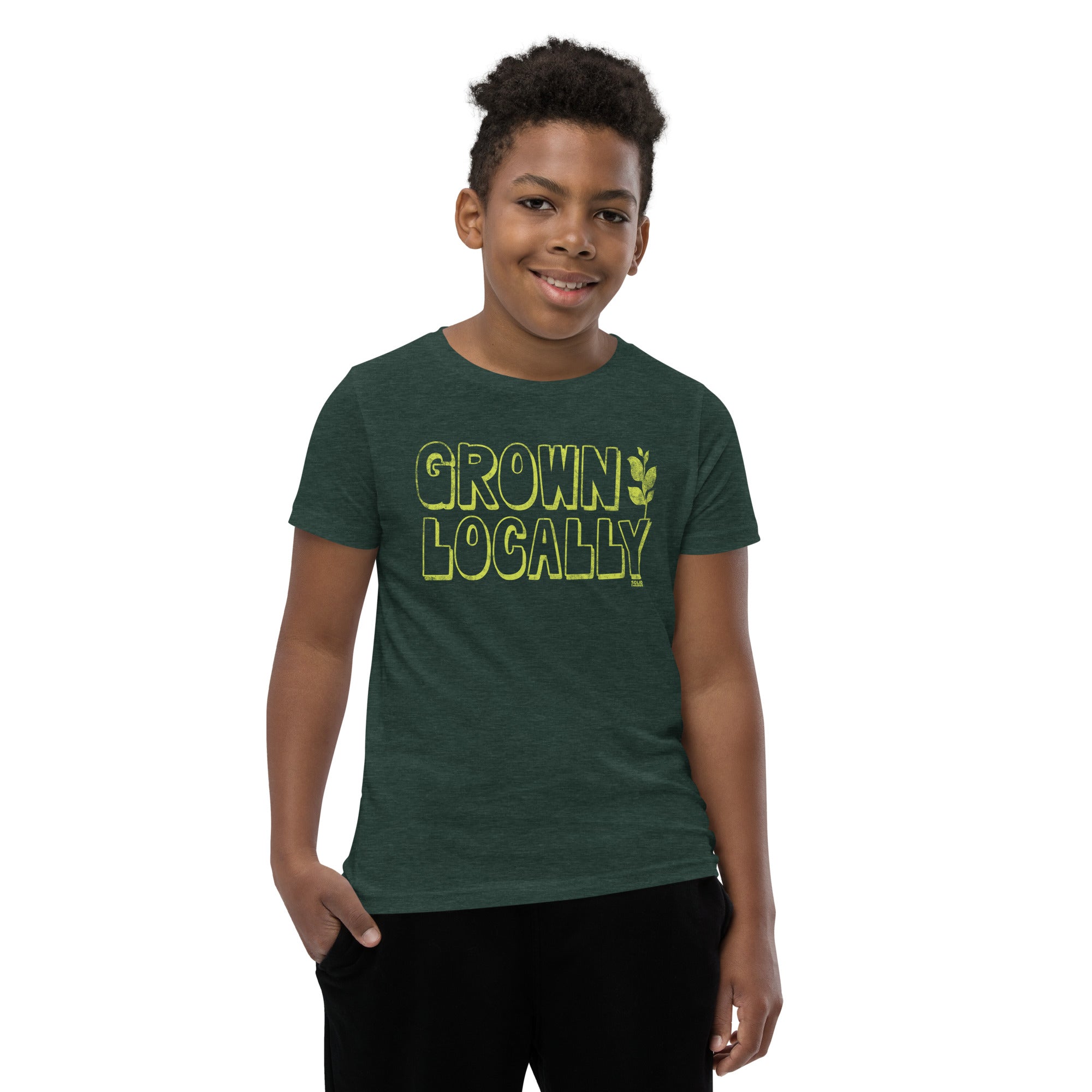 Youth Grown Locally Cool Extra Soft T-Shirt | Retro Farm To Table Kids Tee Boy Model | Solid Threads