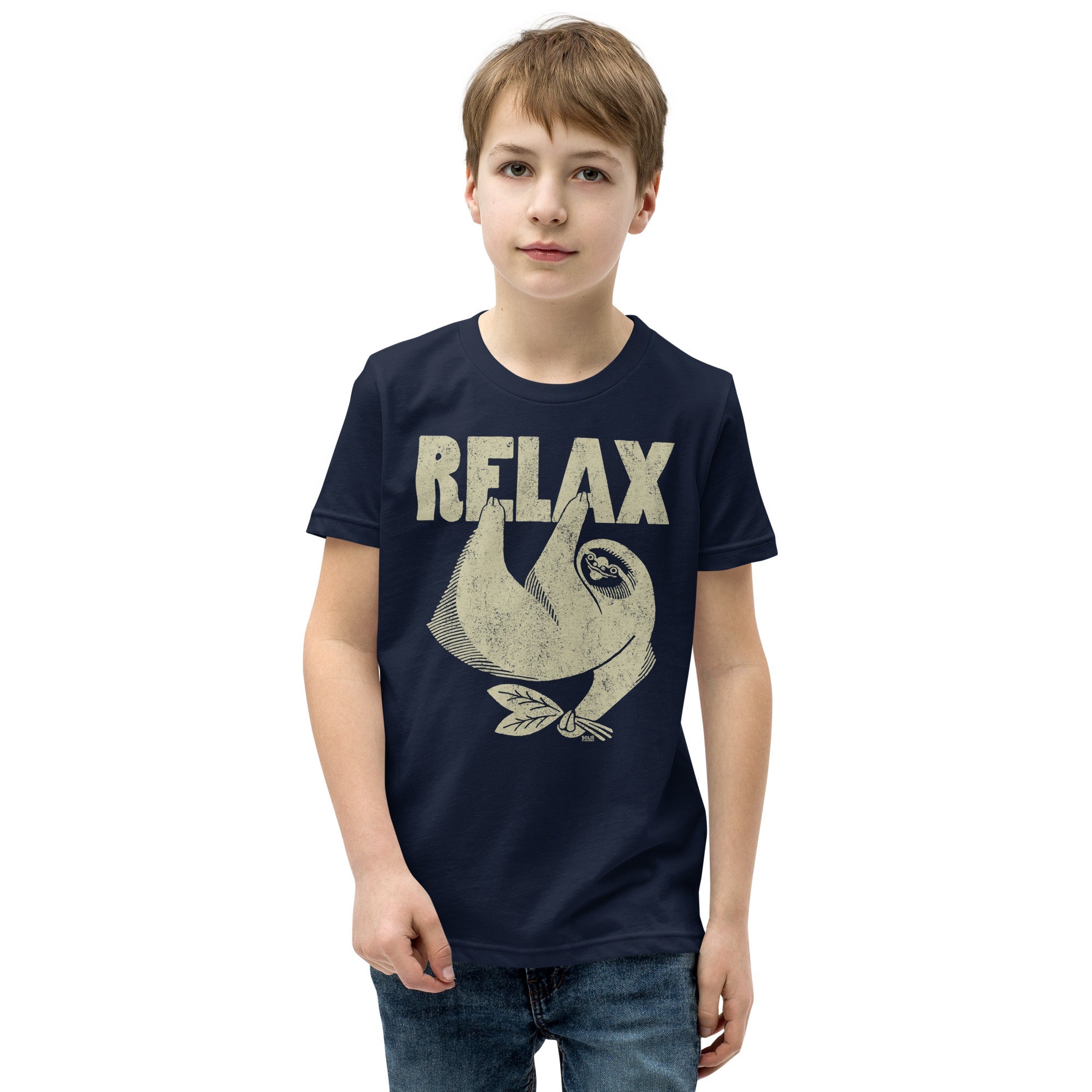 Youth Relax Retro Cute Sloth Extra Soft T-Shirt | Funny Animal Kids Tee Boy Model | Solid Threads