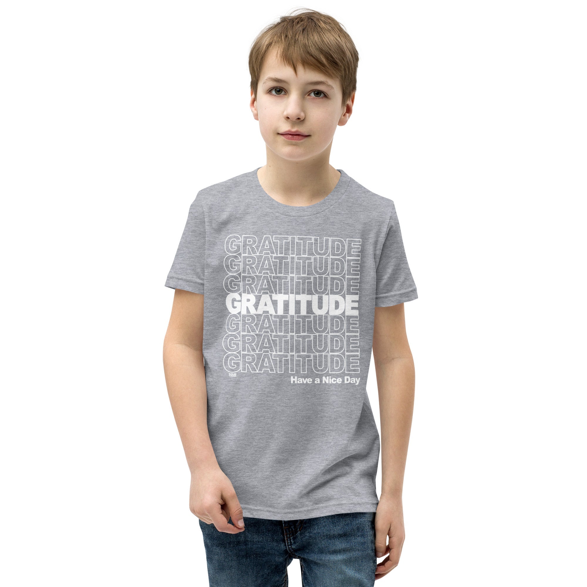Youth Gratitude Cool Happy Extra Soft T-Shirt | Retro Wholesome Kids Tee | Solid Threads