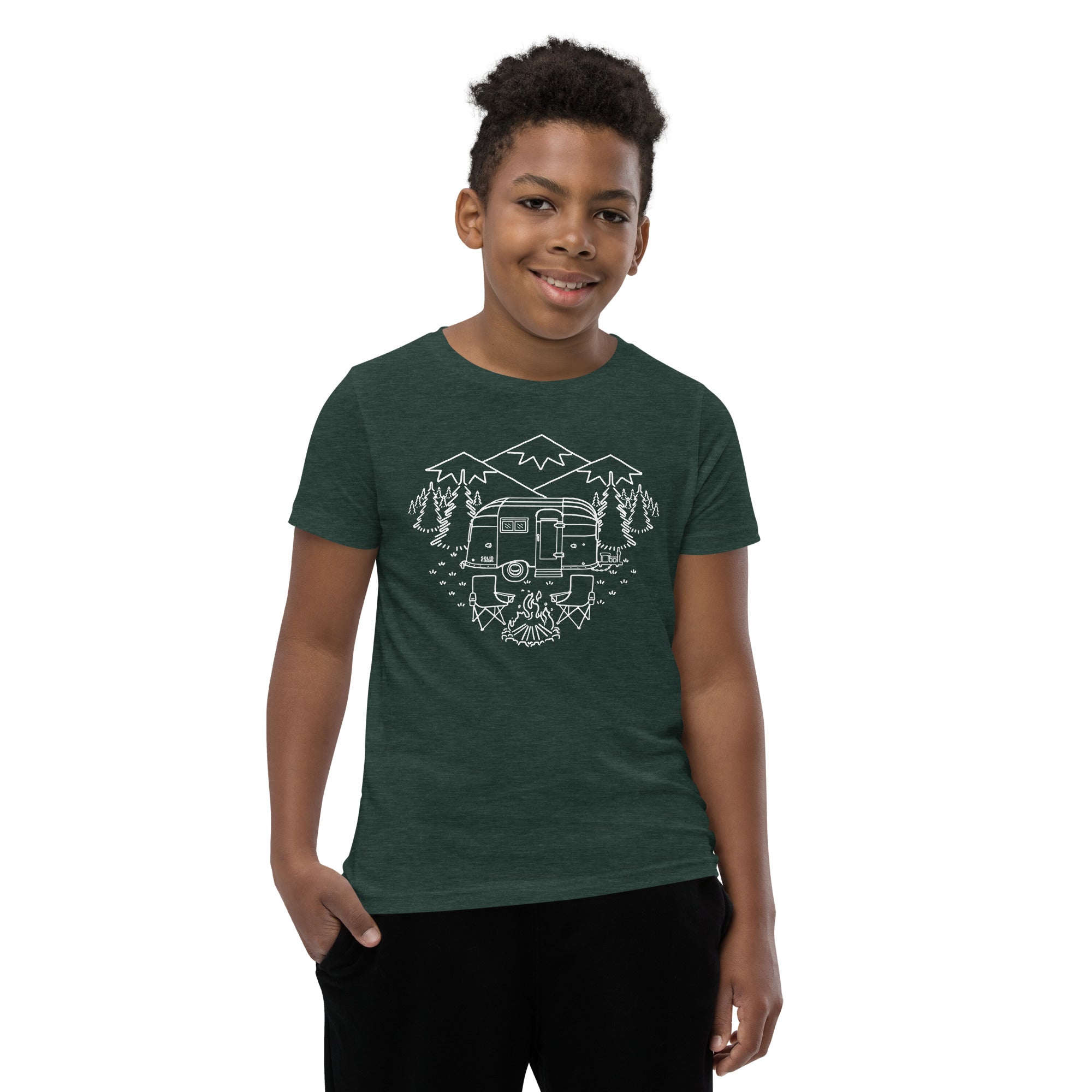 Youth Camp Site Retro Hiking Extra Soft T-Shirt | Cool Mountains Kids Tee Boy Model | Solid Threads