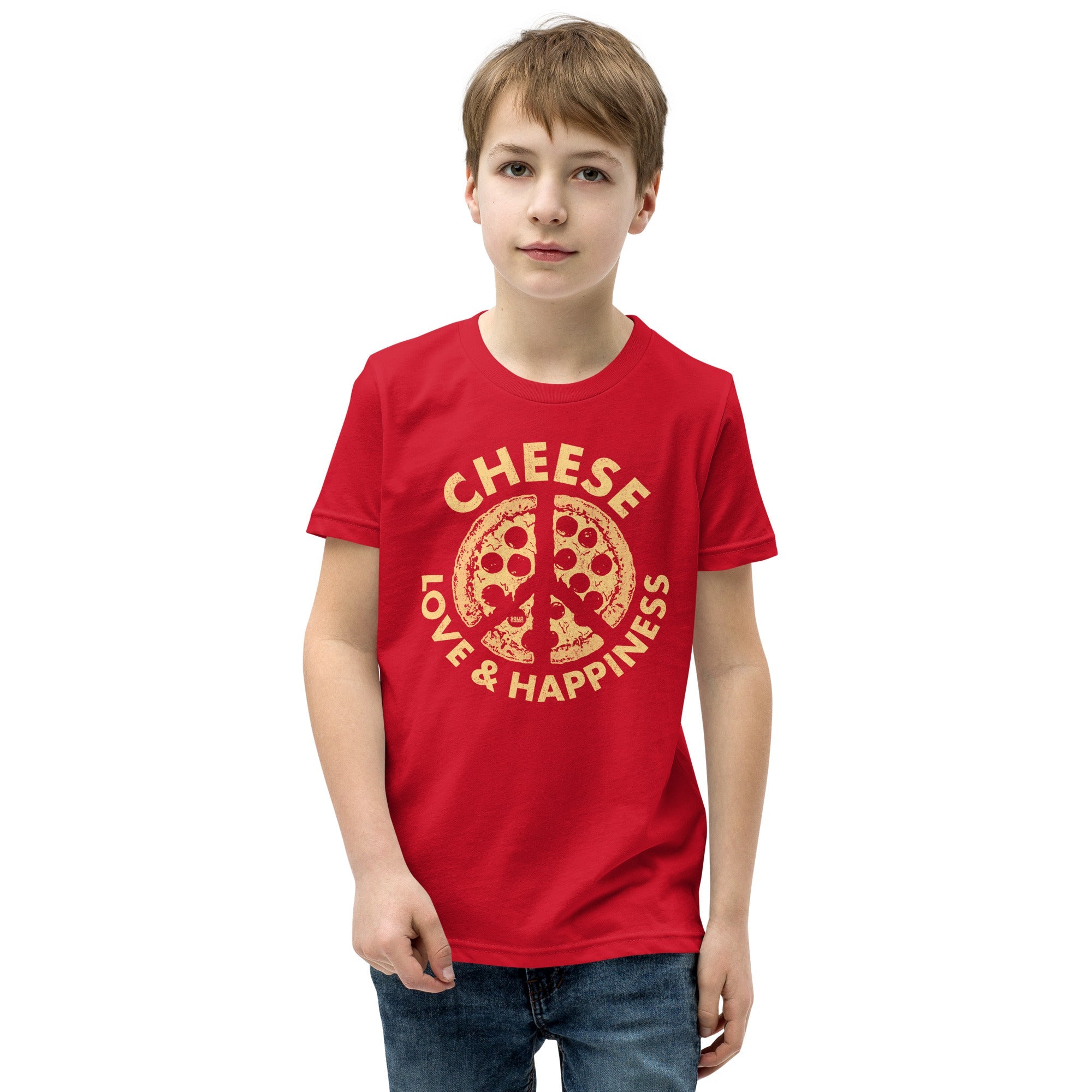Youth Cheese Love Happiness Funny Extra Soft T-Shirt | Retro Pizza Kids Tee Boy Model | Solid Threads