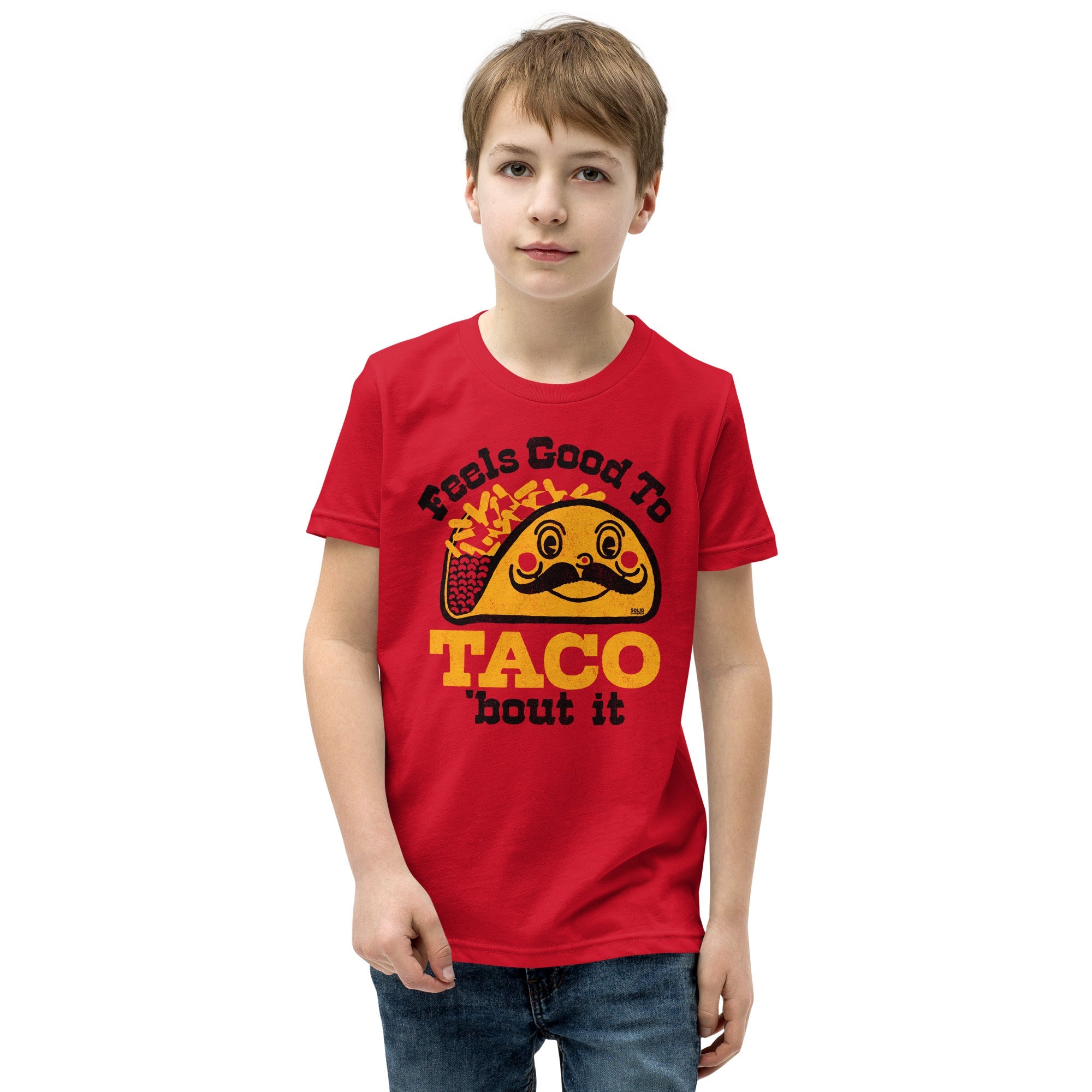 Youth Taco Bout It Retro Extra Soft T-Shirt | Funny Mexican Food Kids Tee Boy Model | Solid Threads