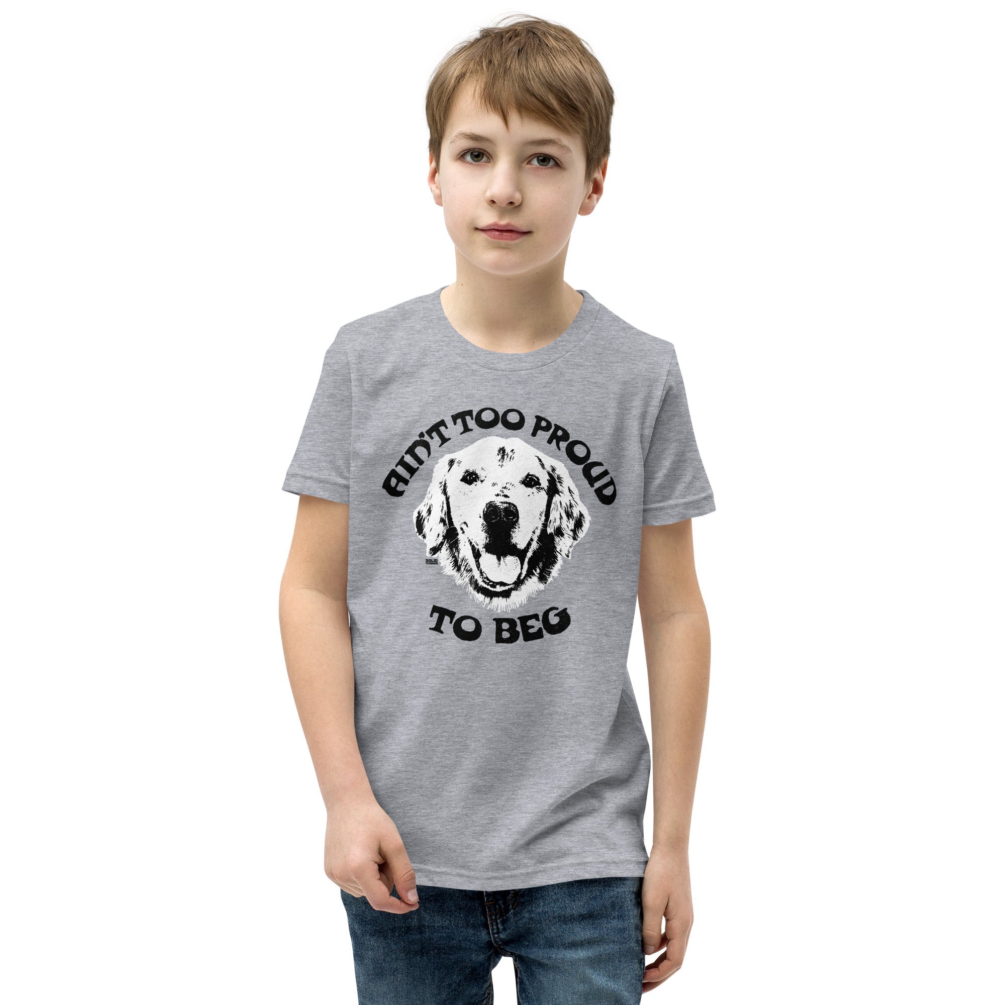 Youth Proud To Beg Retro Extra Soft T-Shirt | Funny Animal Lover Kids Tee Boy Model | Solid Threads