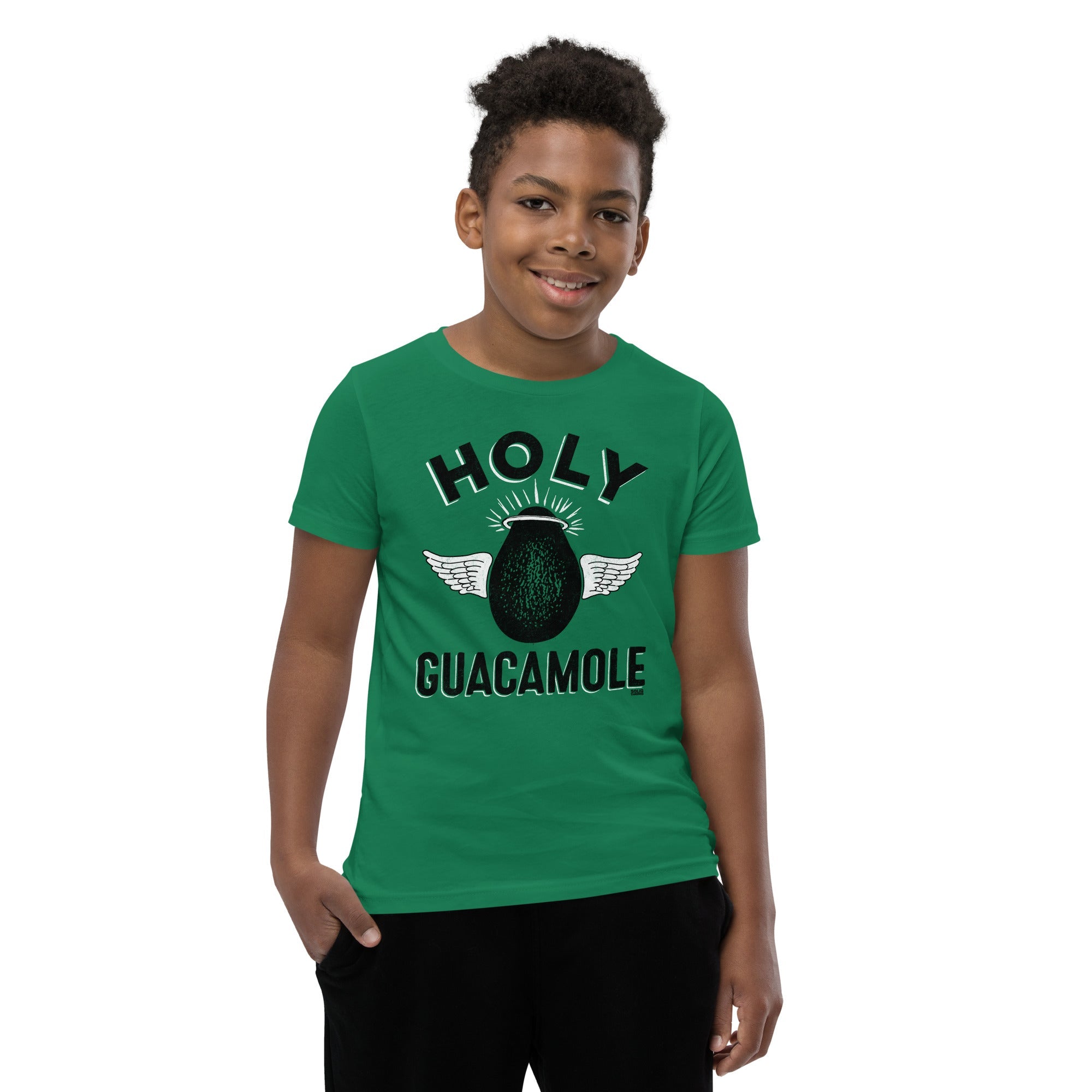 Youth Holy Guacamole Retro Foodie Extra Soft T-Shirt | Funny Avo Kids Tee Boy Model | Solid Threads