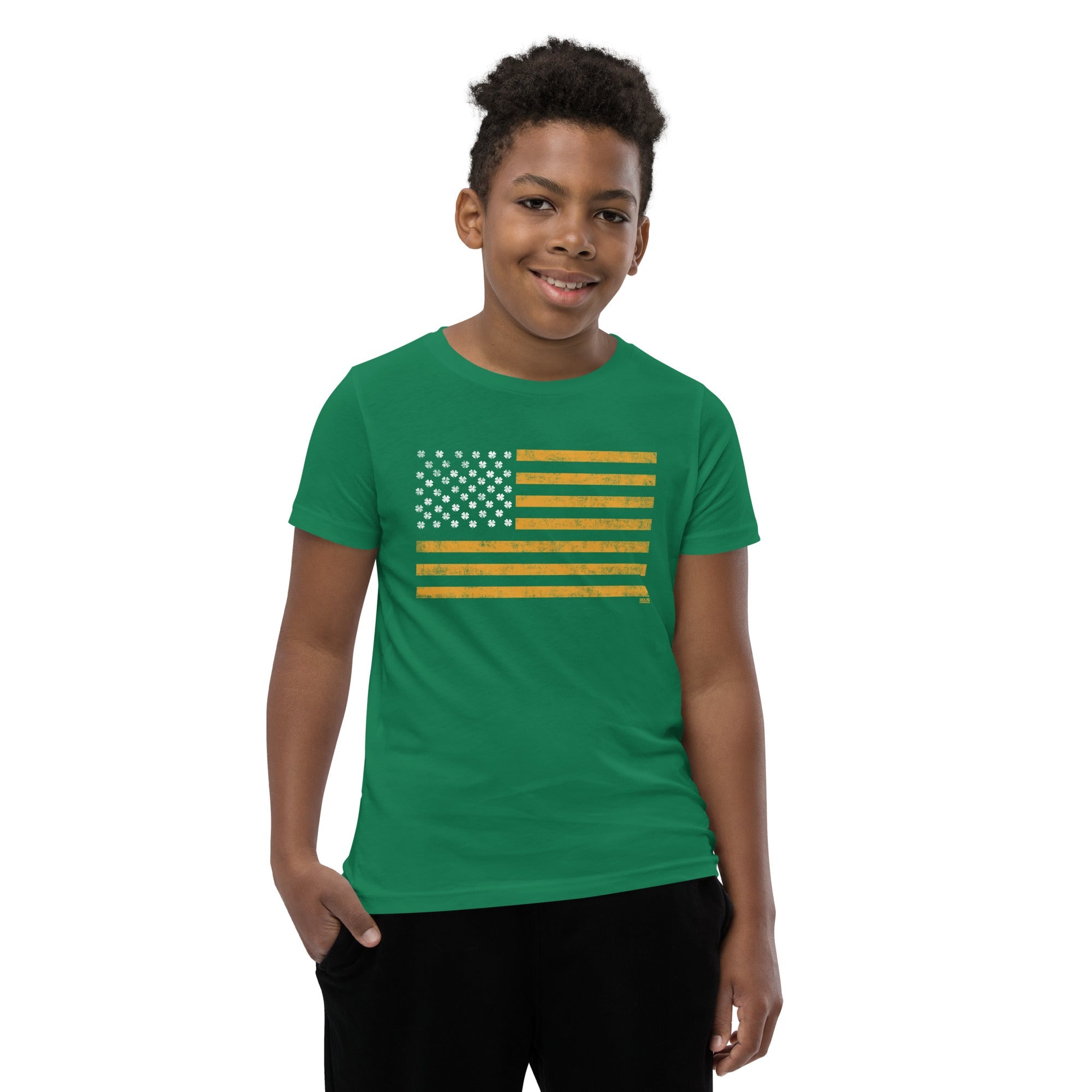 Youth Irish American Retro Extra Soft T-Shirt | Cool St Paddy's Kids Tee Boy Model | Solid Threads