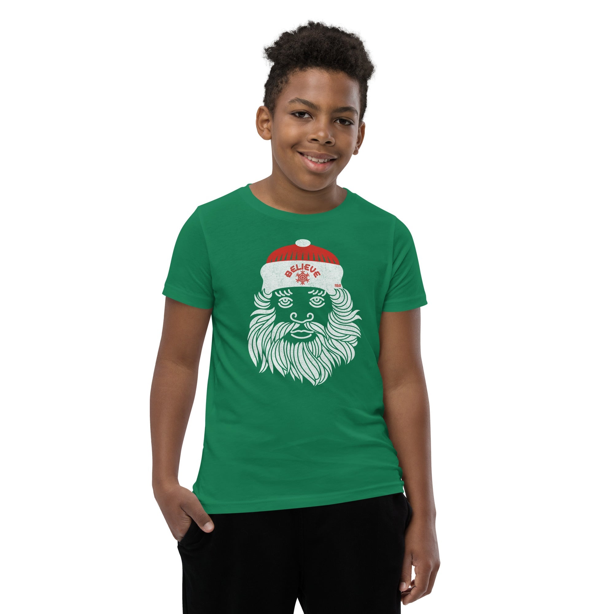 Youth Believe In Santa Cool Extra Soft T-Shirt | Retro Christmas Kids Tee Boy Model | Solid Threads