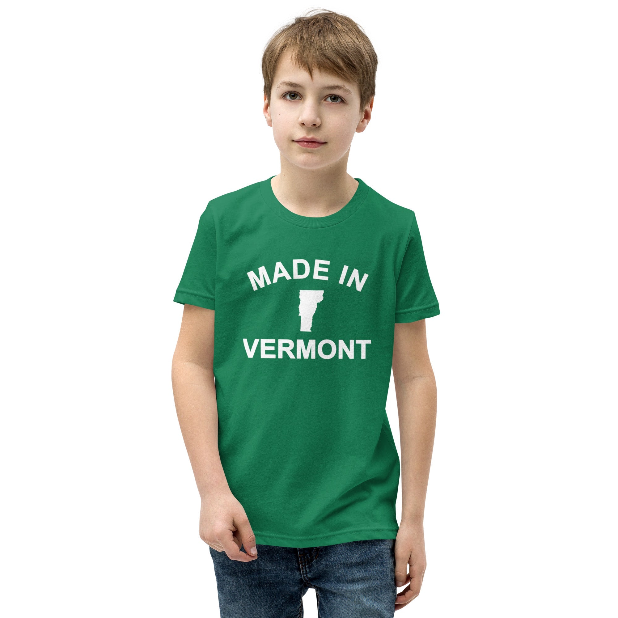 Youth Made Vermont Retro Extra Soft T-Shirt | Cool Green Mountains Kids Tee Boy Model | Solid Threads
