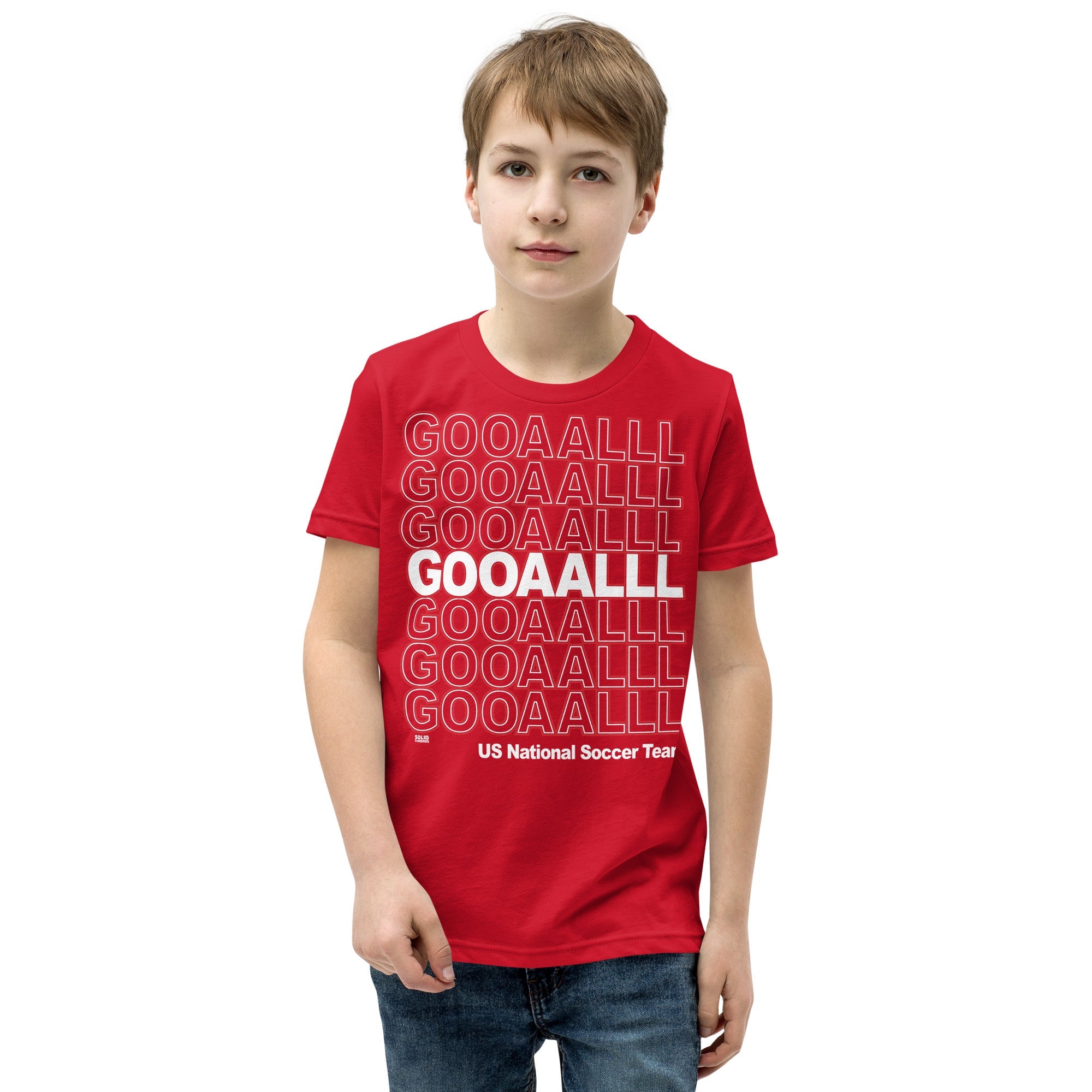 Youth Gooaalll Futbol Life Cool Extra Soft T-Shirt | Retro Soccer Kids Tee Boy Model | Solid Threads