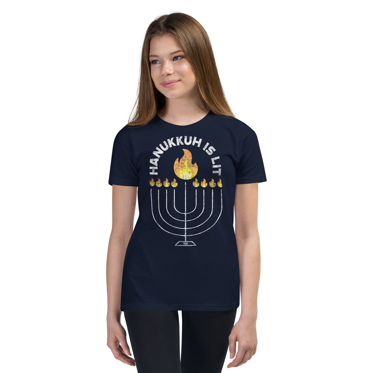 Youth Hanukkah Lit Cool Extra Soft T-Shirt | Retro Jewish Holiday Kids Tee Girl Model | Solid Threads