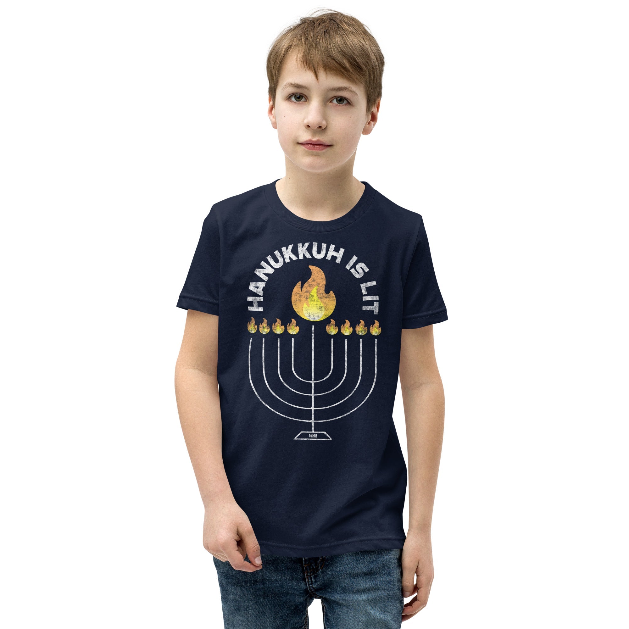Youth Hanukkah Lit Cool Extra Soft T-Shirt | Retro Jewish Holiday Kids Tee Boy Model | Solid Threads