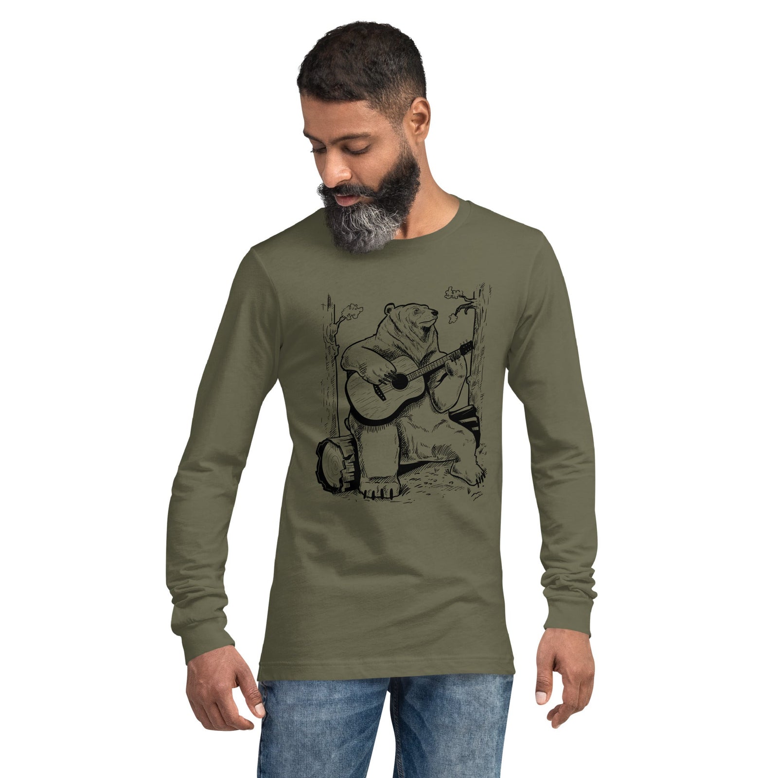 Acoustic Guitar Bear Cool Graphic Long Sleeve Tee | Artsy Forest Camping Tee On Model | Solid Threads
