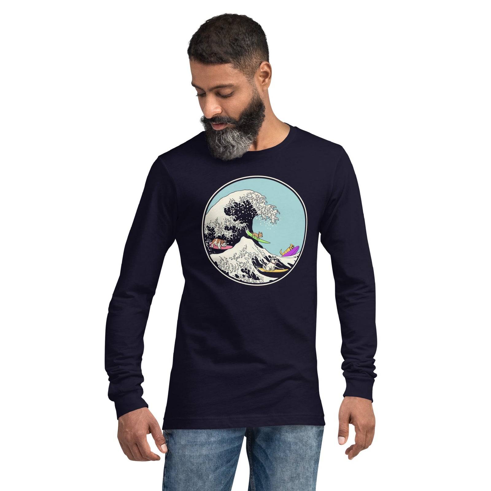 Dogs Ridin' The Wave Ocean Graphic Long Sleeve Tee | Cool Surfing Beach Tee On Model | Solid Threads