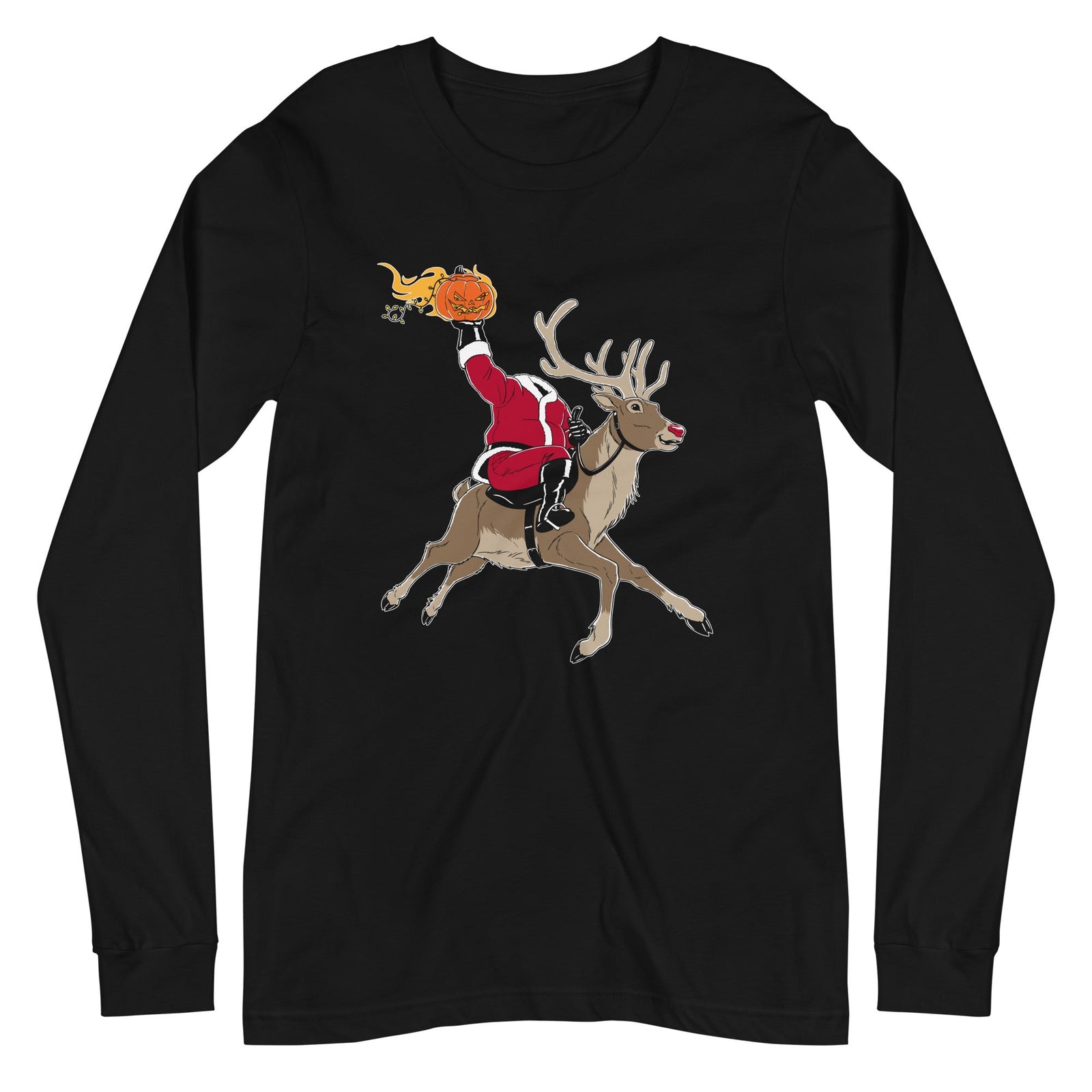 Men's Headless-Ho-Ho-Horseman Funny Graphic Long-Sleeve-T-Shirt | Cool Santa Halloween Pumpkin Tee | Solid Threads