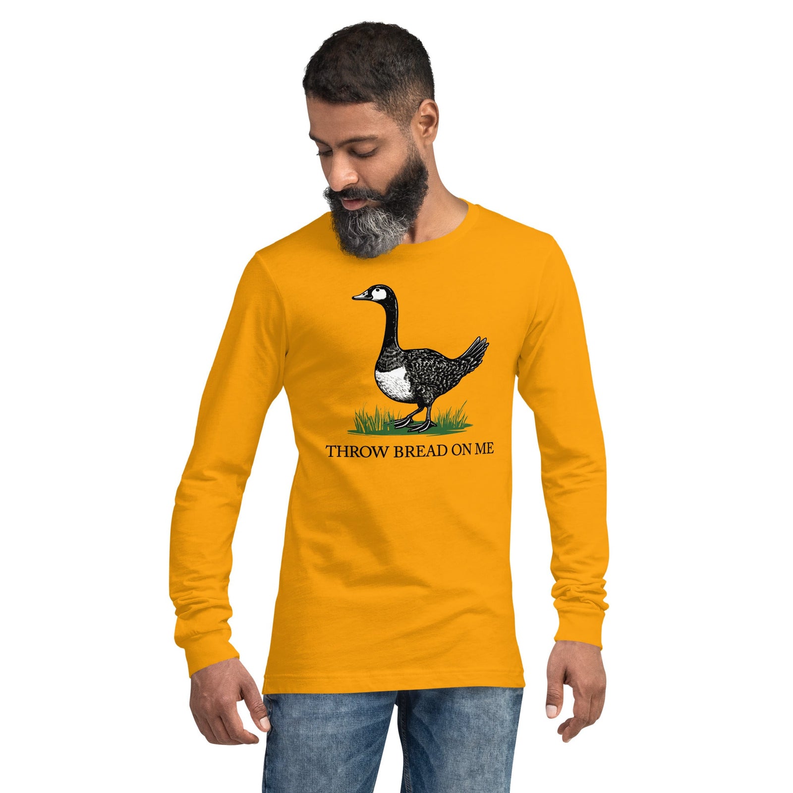 Throw Bread On Me Cool Graphic Long Sleeve Tee | Funny Goose Tread on Me Tee on Model | Solid Threads