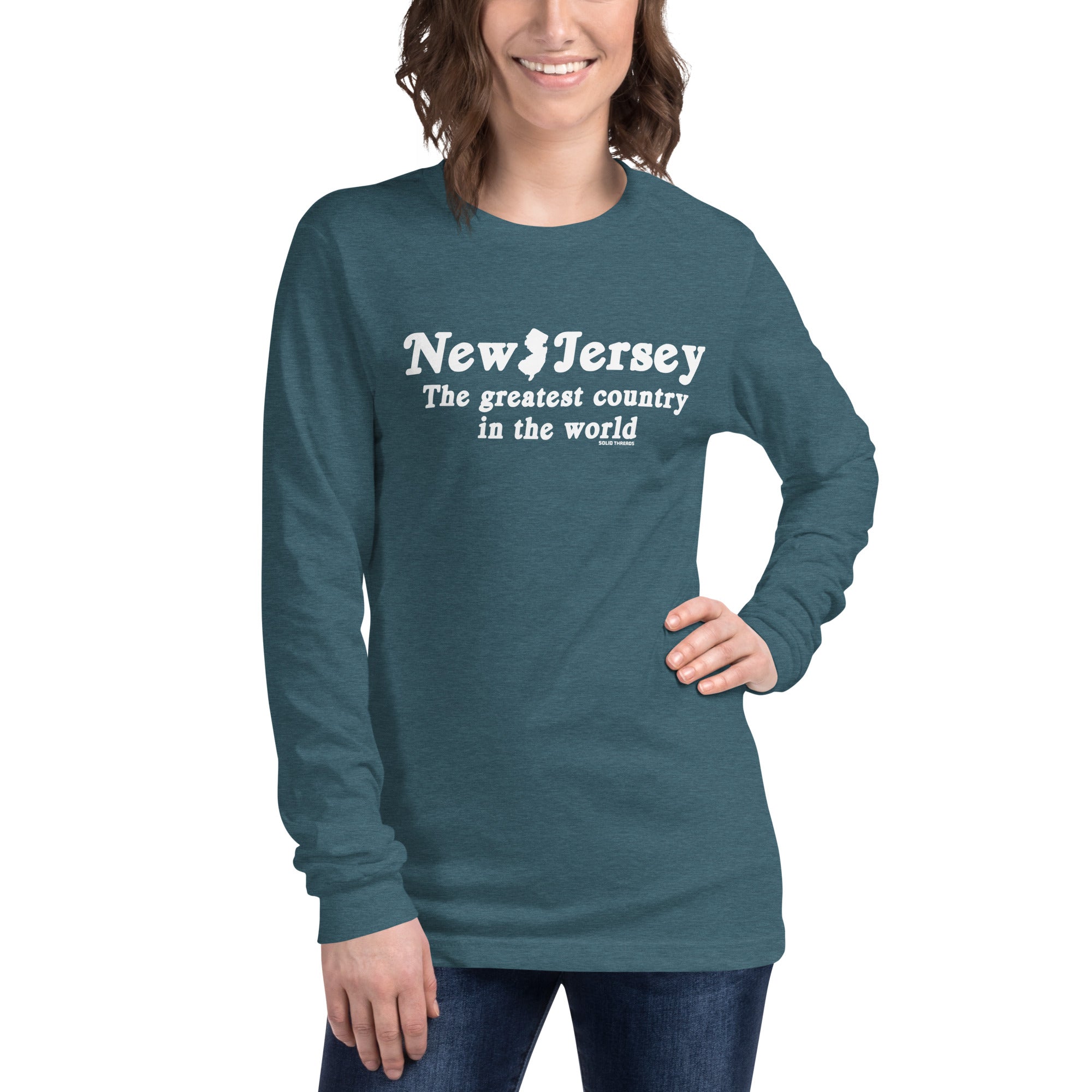 New Jersey The Greatest Country In The World Vintage Teal Long Sleeve T Shirt | Funny Garden State Graphic Tee on Model | Solid Threads