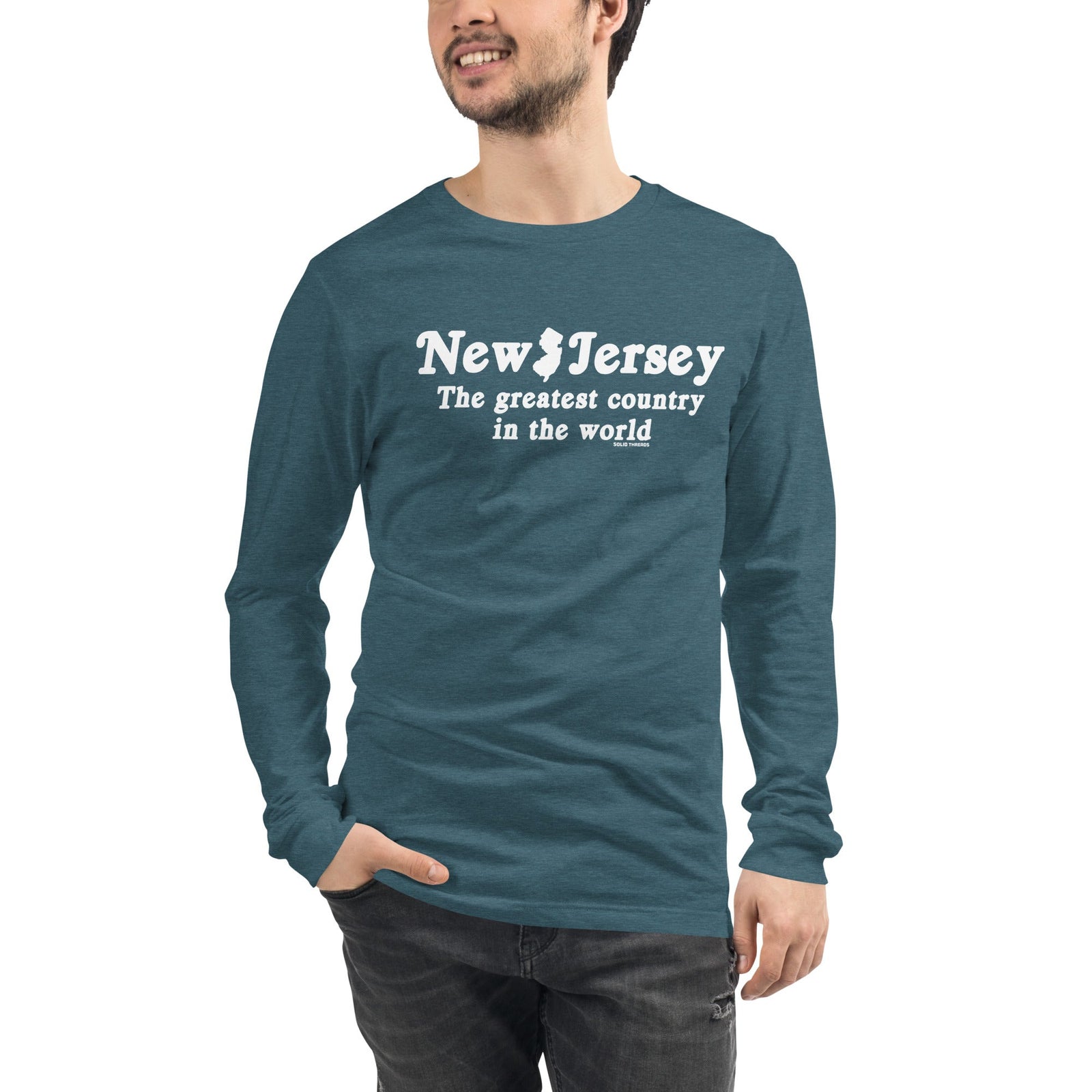 New Jersey The Greatest Country In The World Vintage Teal Long Sleeve T Shirt | Funny Garden State Graphic Tee on Model | Solid Threads