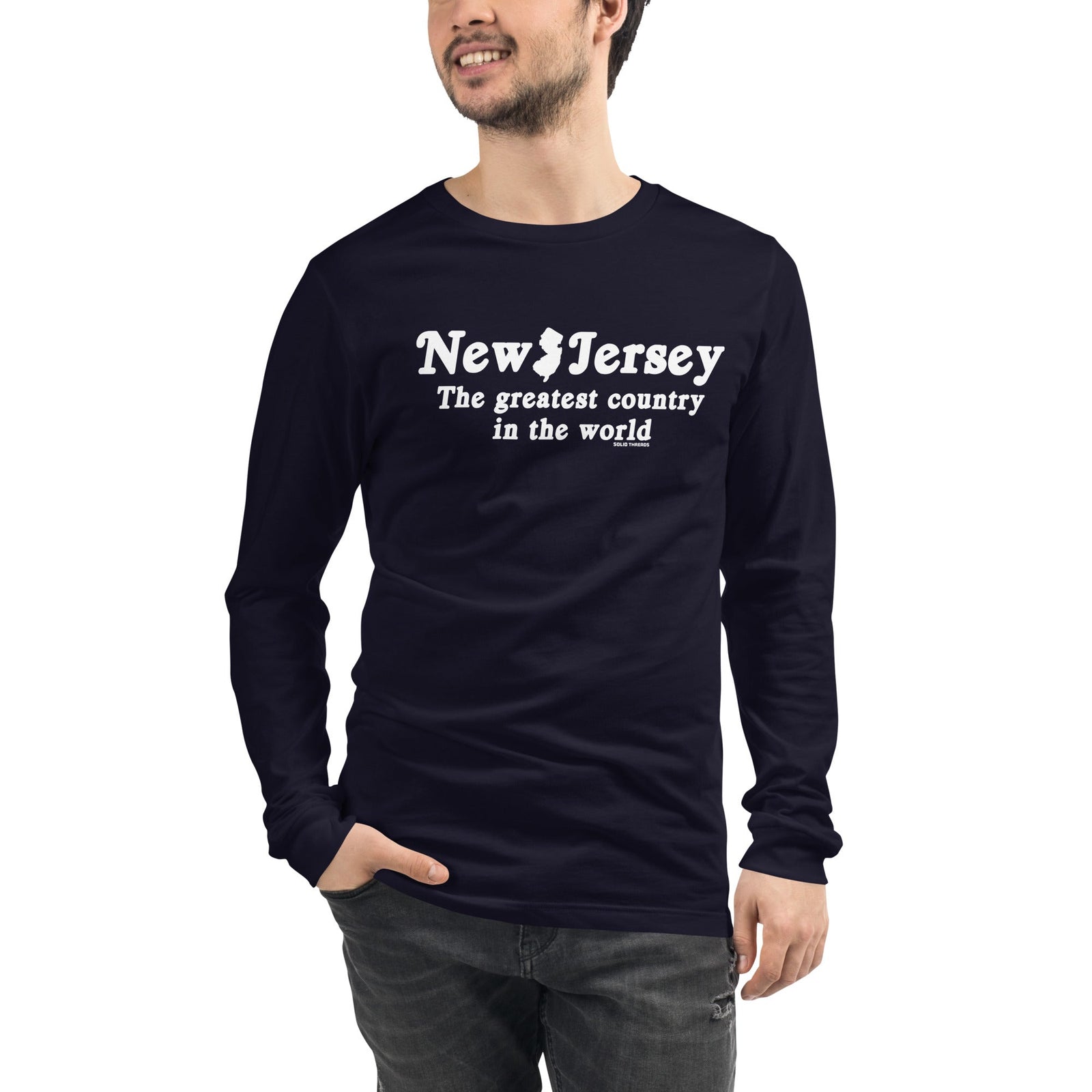 New Jersey The Greatest Country In The World Vintage Navy Long Sleeve T Shirt | Funny Garden State Graphic Tee on Model | Solid Threads