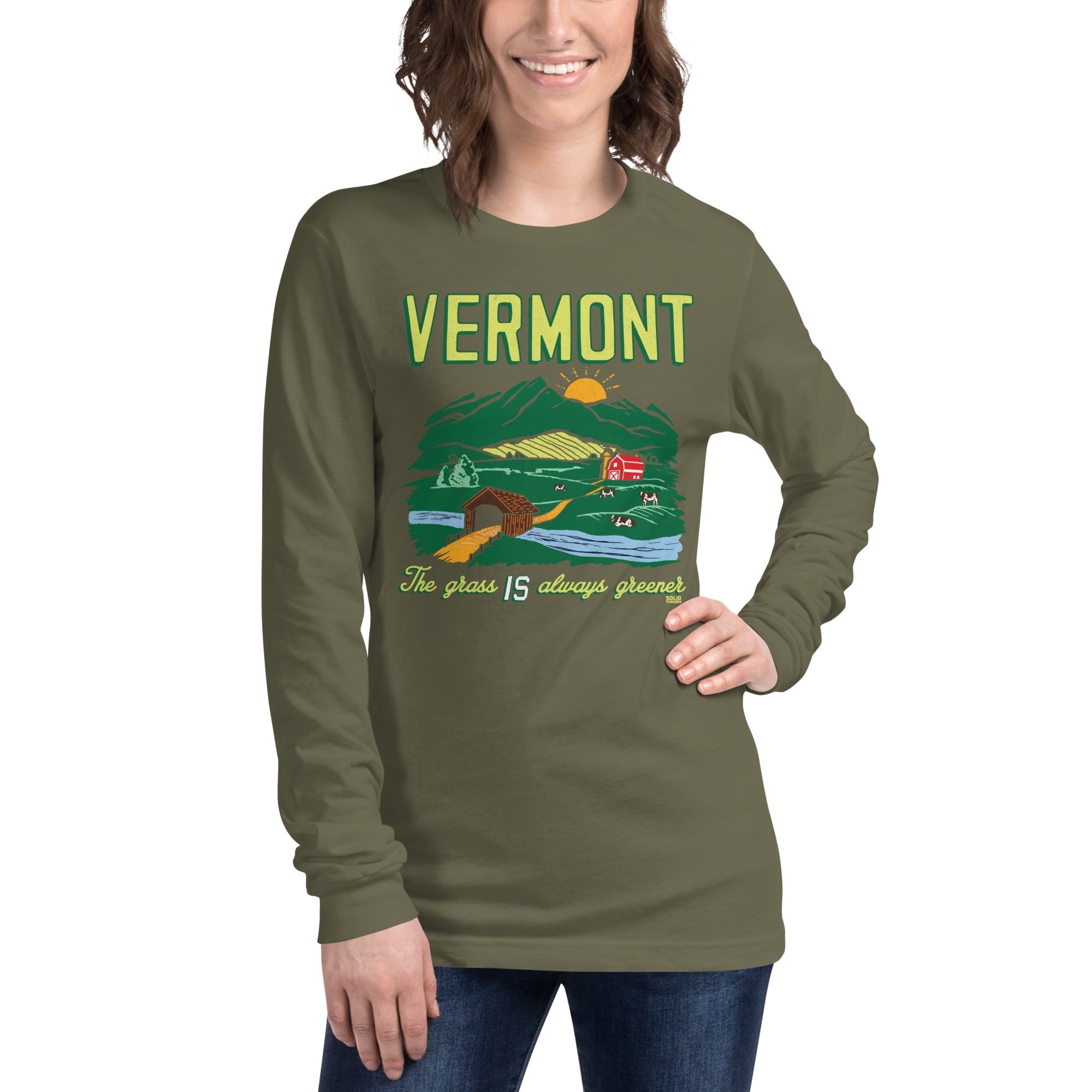 Vermont The Grass Is Always Greener Cool Long Sleeve T Shirt | Vintage Green Mountains Graphic Tee on Model | Solid Threads