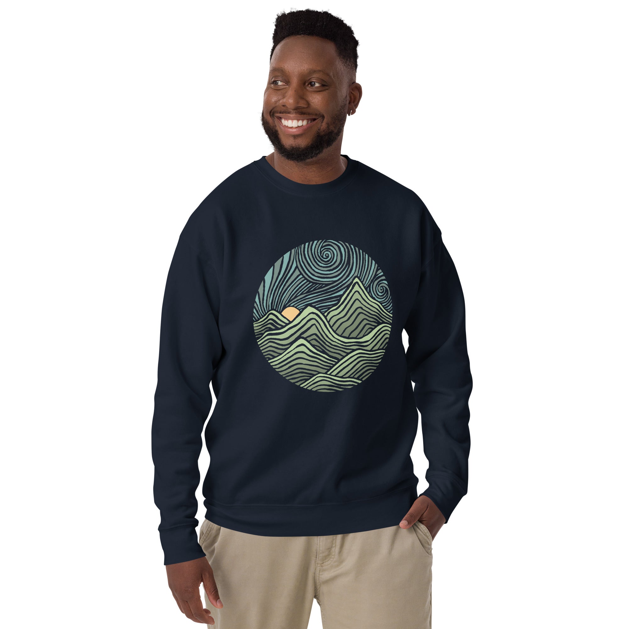 Swirly Mountains | Design By Dylan Fant Cool Classic Sweatshirt | Vintage Nature Fleece On Model | Solid Threads