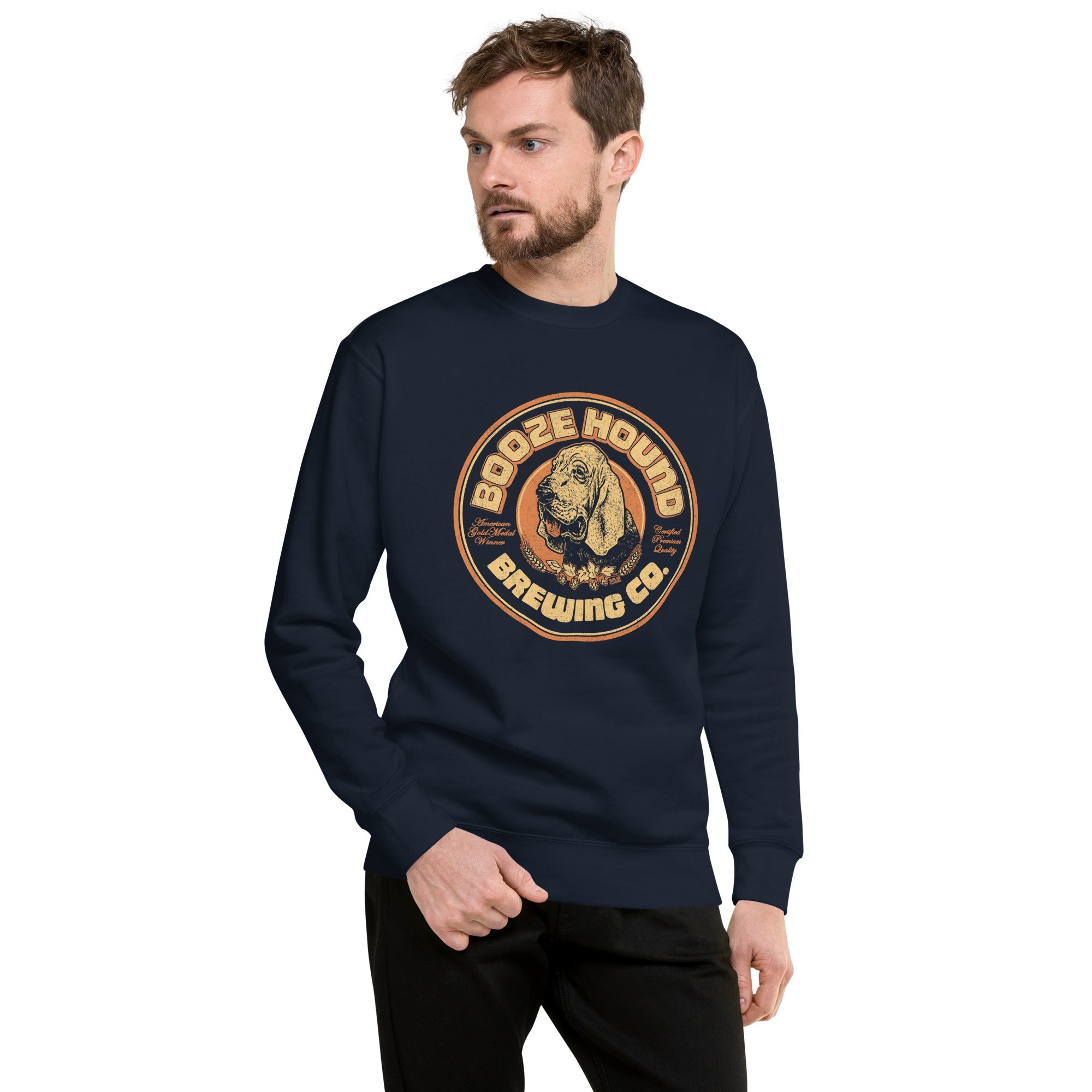 Men's Boozehound Brewing Co. Vintage Classic Sweatshirt | Funny Drinking Fleece On Model | Solid Threads