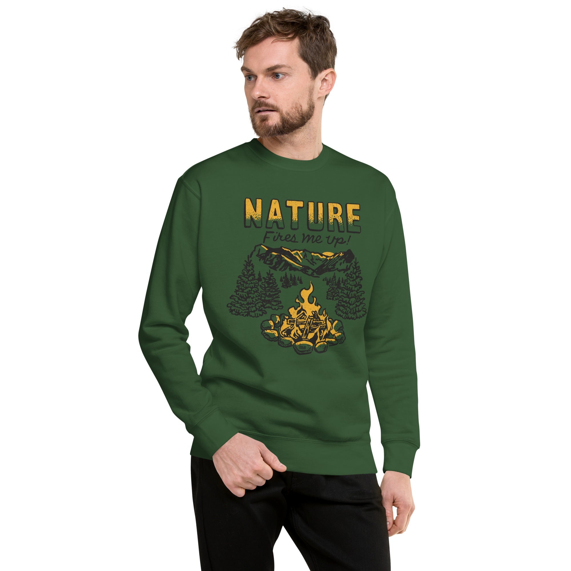 Men's Nature Fires Me Up Vintage Classic Sweatshirt | Funny Camping Fleece On Model | Solid Threads