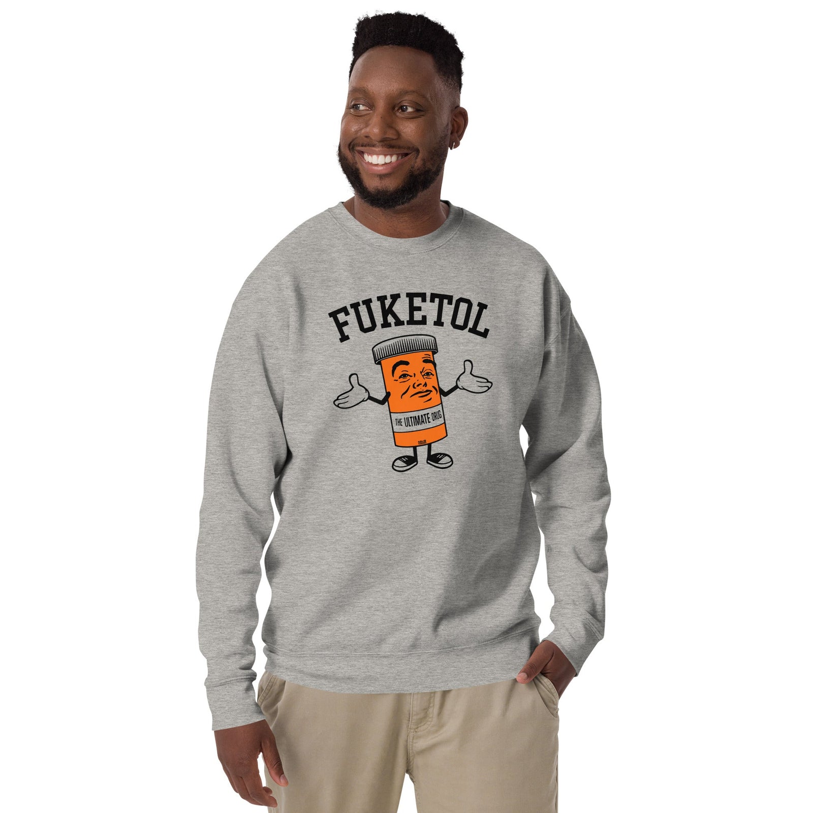Men's Fuketol Retro Classic Sweatshirt | Funny Pill Bottle Fleece On Model | Solid Threads